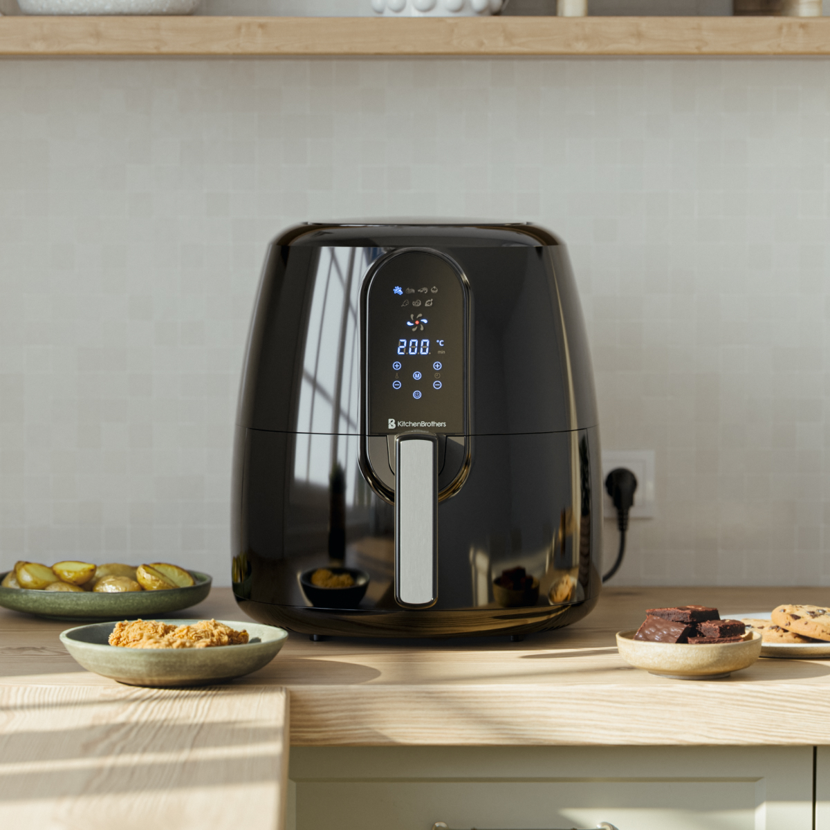 Black air fryer with digital display on a wooden table, next to small bowls of food.