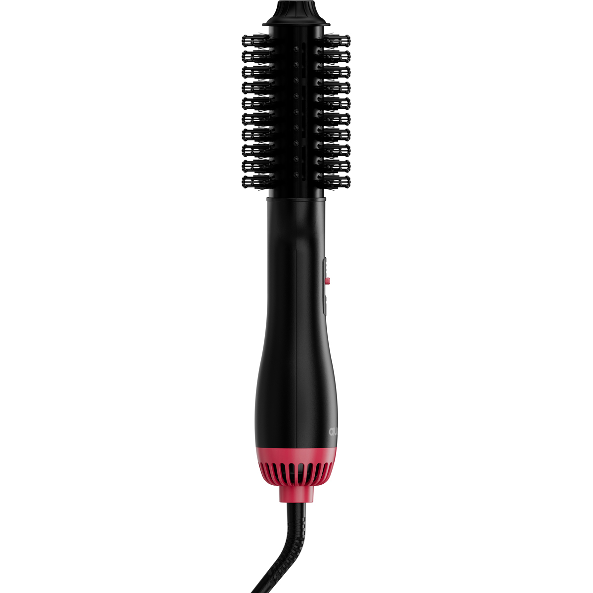 Un sèche-cheveux noir et rouge avec une tête de brosse rotative.
