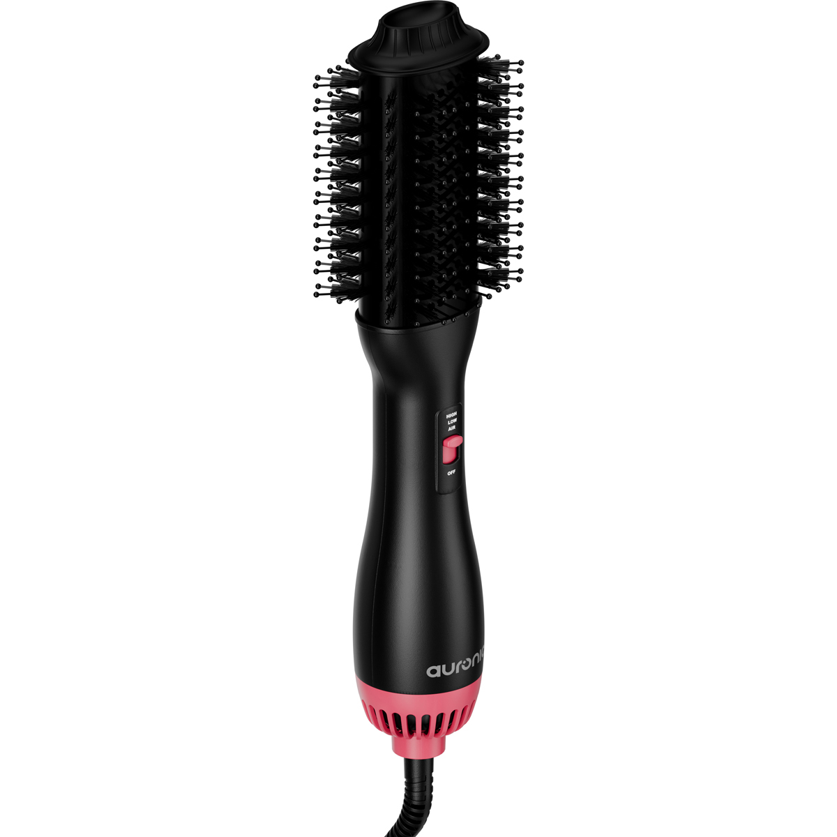 Sèche-cheveux électrique noir avec des accents roses et une tête de brosse rotative.