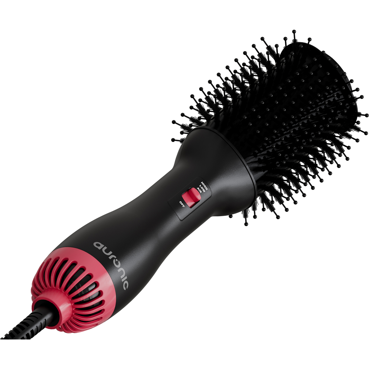 Un sèche-cheveux noir et rouge avec une tête de brosse ronde et des boutons.