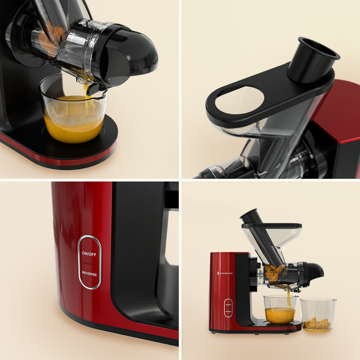 A red juicer presses juice into a glass and pulp into a container.