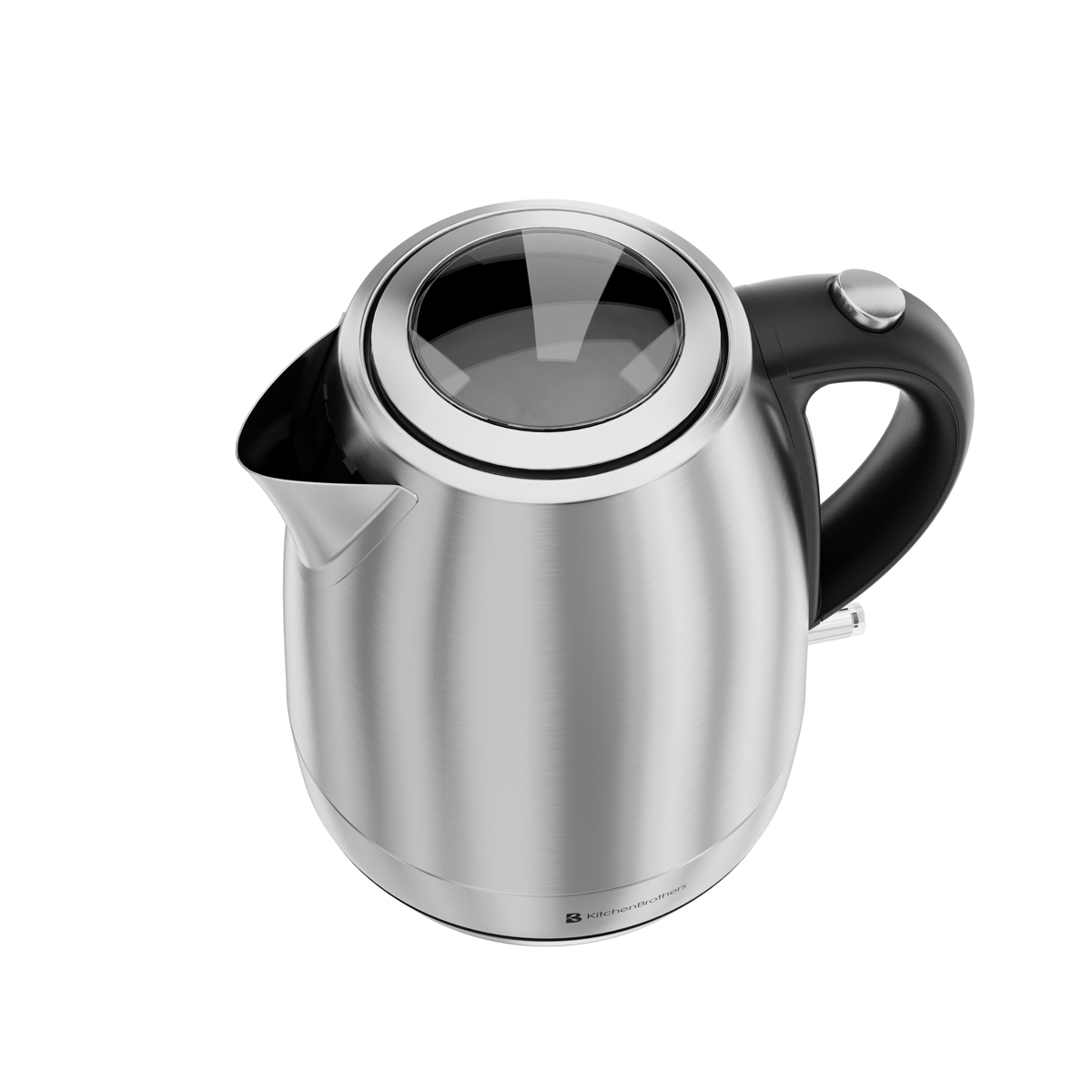 Ein silberner Wasserkocher mit schwarzem Griff und Glasdeckel steht auf weißem Hintergrund.