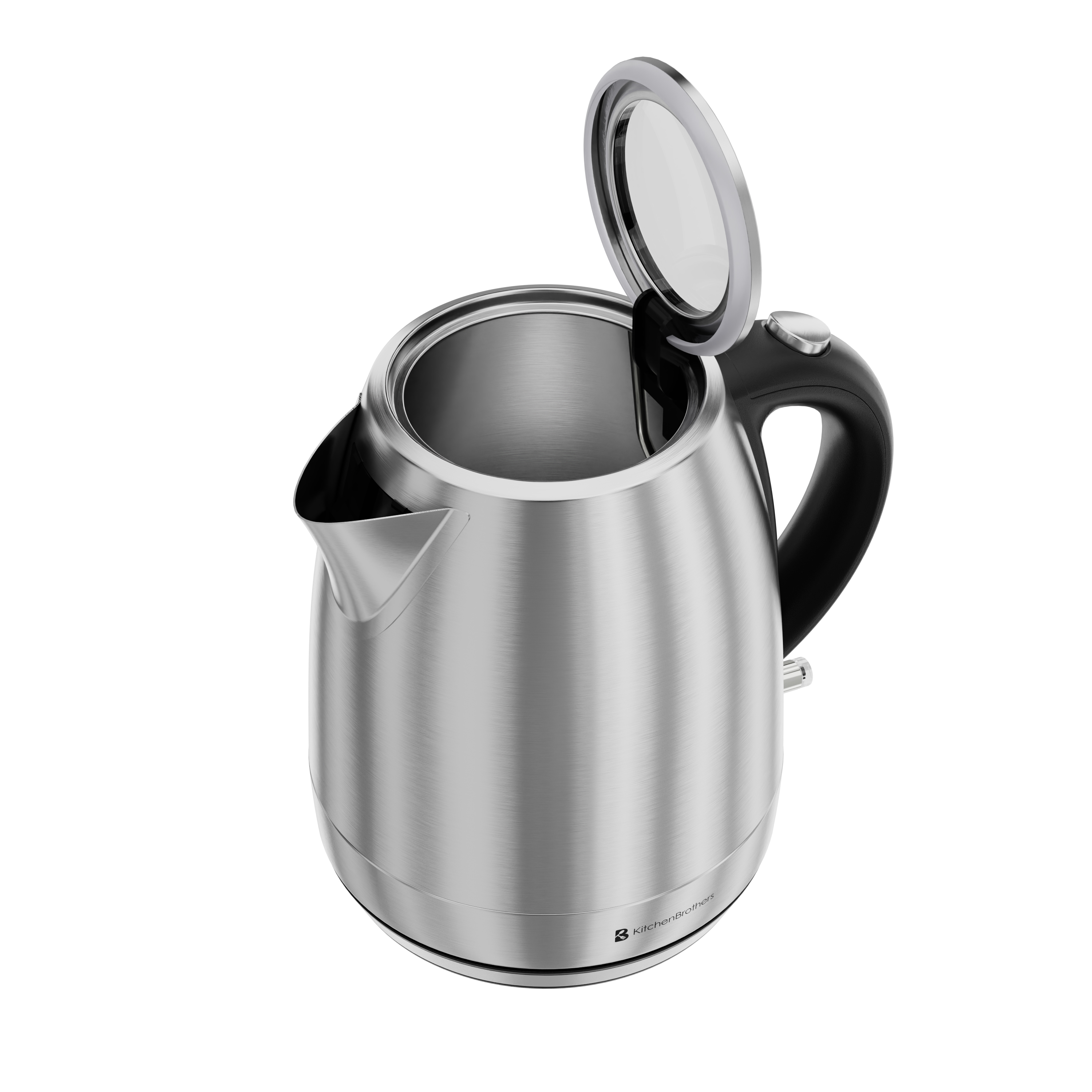 Ein silberner Wasserkocher mit schwarzem Griff und offenem Deckel.