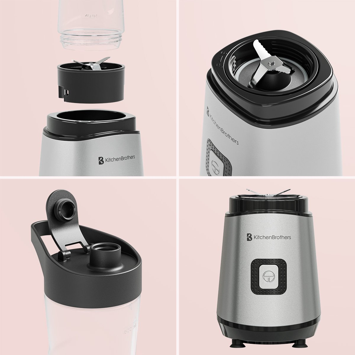 A silver blender with black lid and blades is shown in four views.