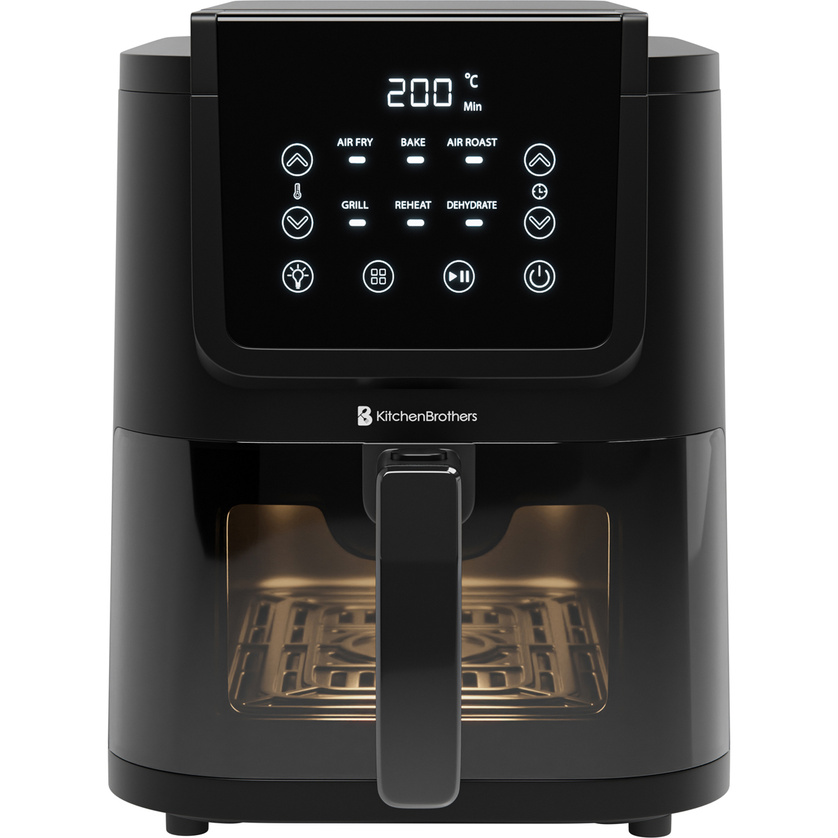 Friteuse à air noire avec écran numérique 200°C, multiples fonctions.