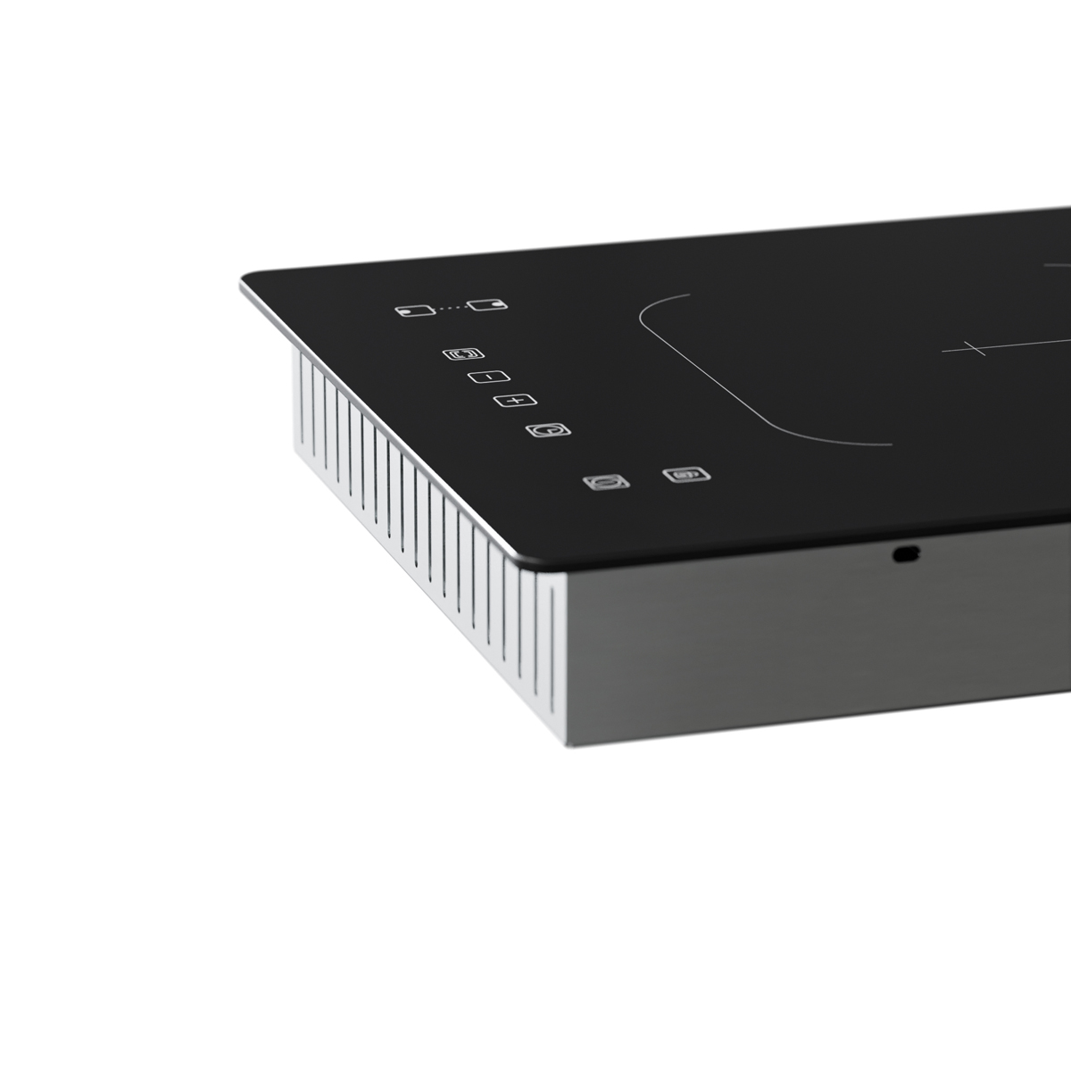 Zwart inductiefornuis met touchbediening en zilveren behuizing.