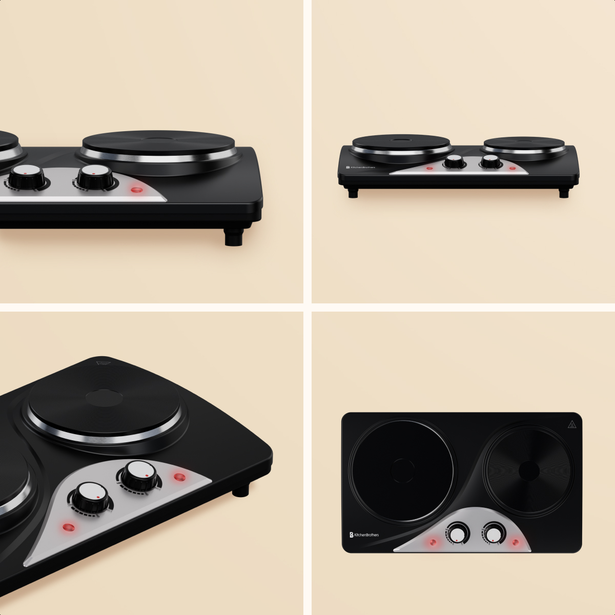 Black double hot plate with two round burners and control knobs.