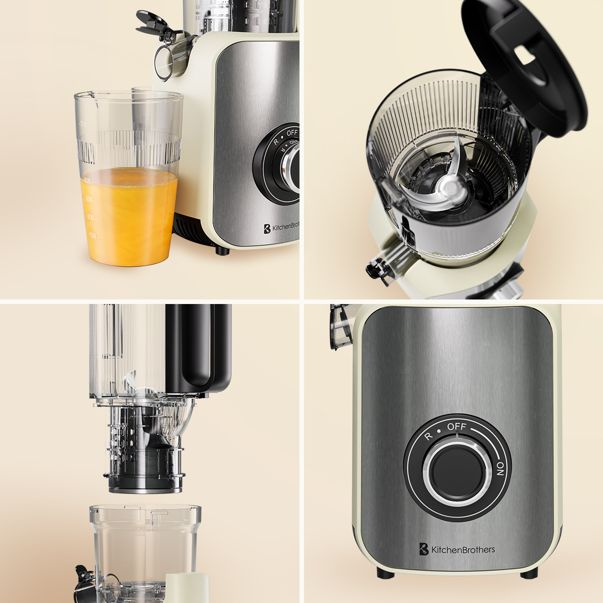 A cream and silver kitchen appliance with a glass of juice, top and side views.