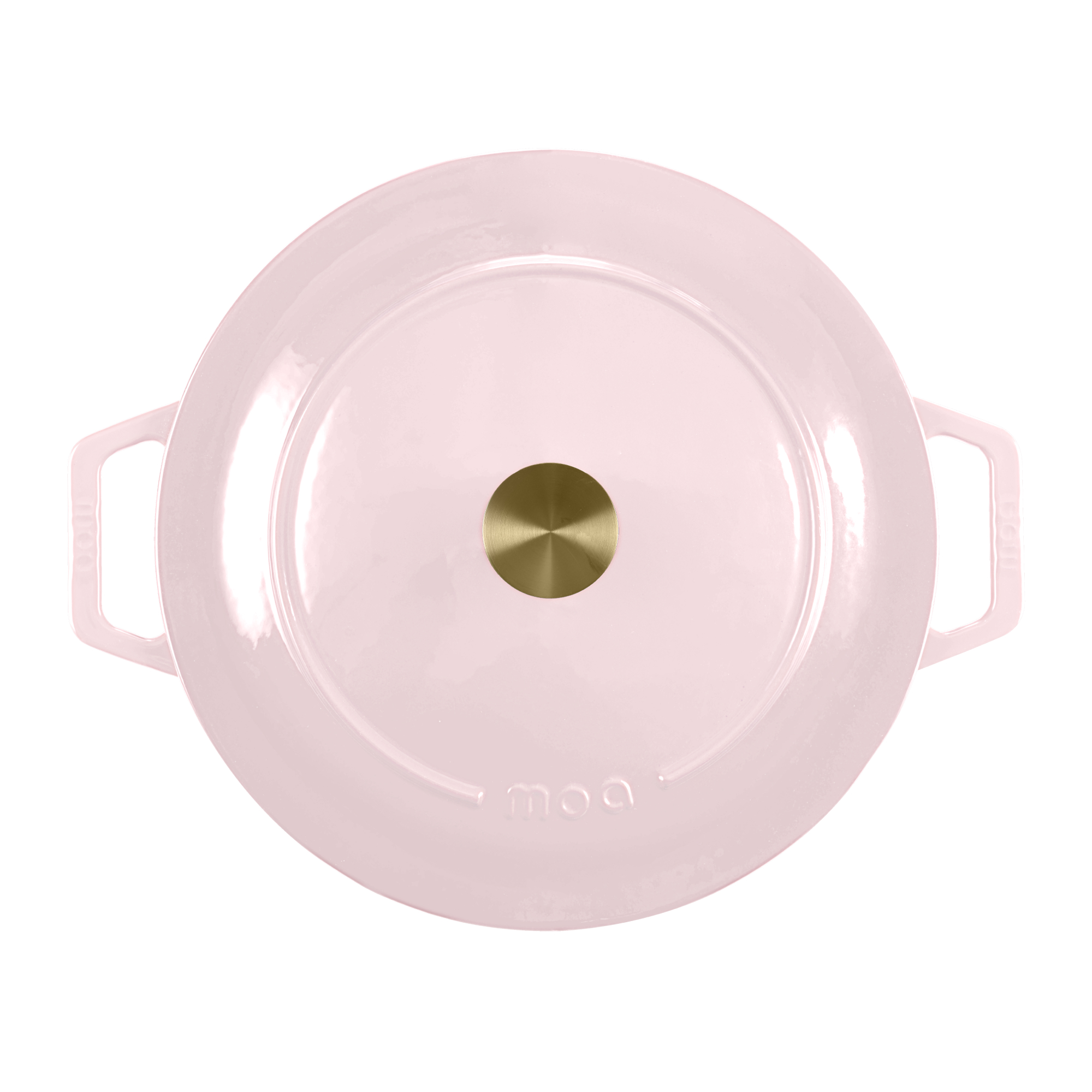 Een roze pan met een gouden knop, van bovenaf gezien.