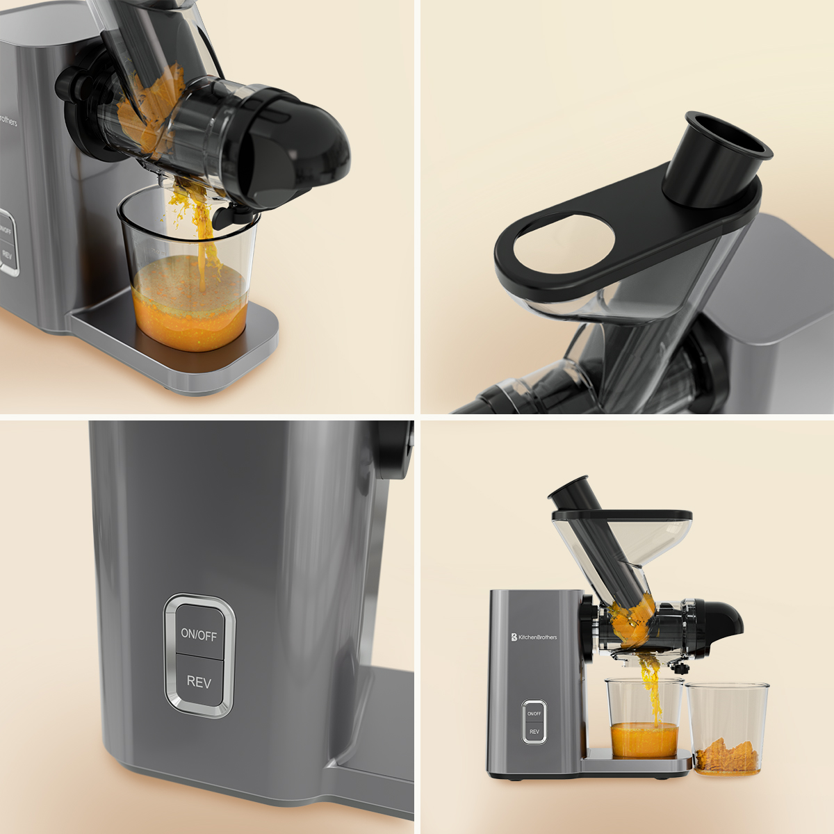 A gray juicer processes oranges. Juice flows into a glass.