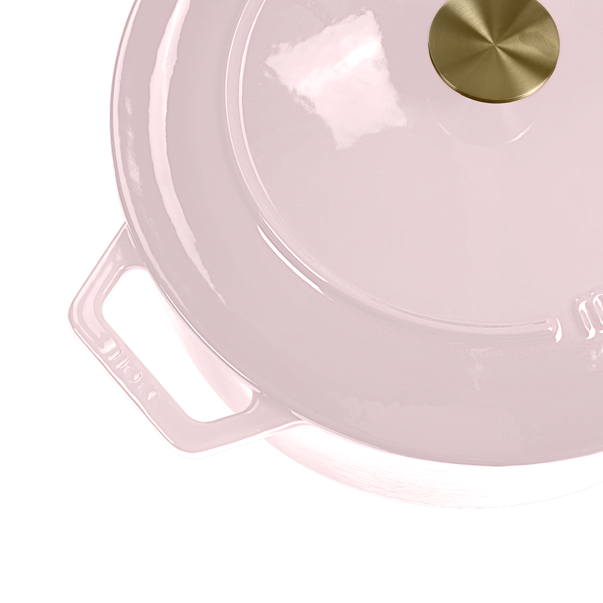 Een roze pot met een gouden knop op een witte achtergrond.