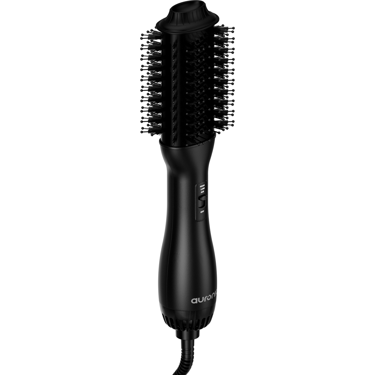 Un fer à friser électrique noir avec des poils arrondis sur fond blanc.