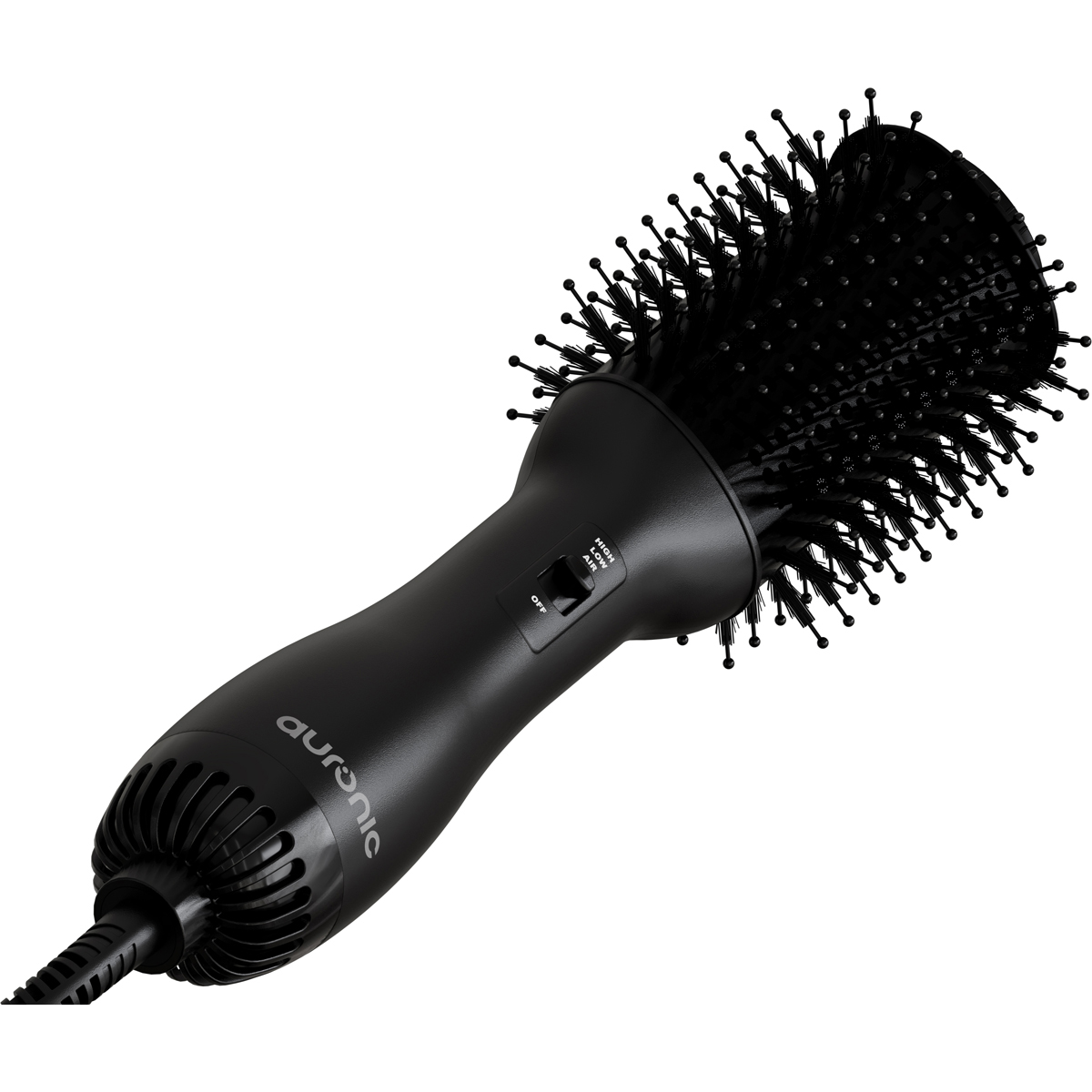 Brosse sèche-cheveux noire et ronde avec manche et interrupteur.
