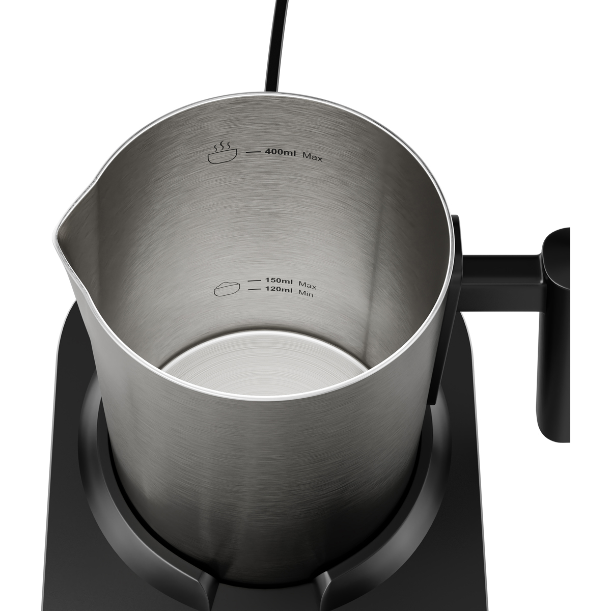 Ein silberner Wasserkocher mit schwarzen Griff und Basis, mit Markierungen für 150ml und 400ml.