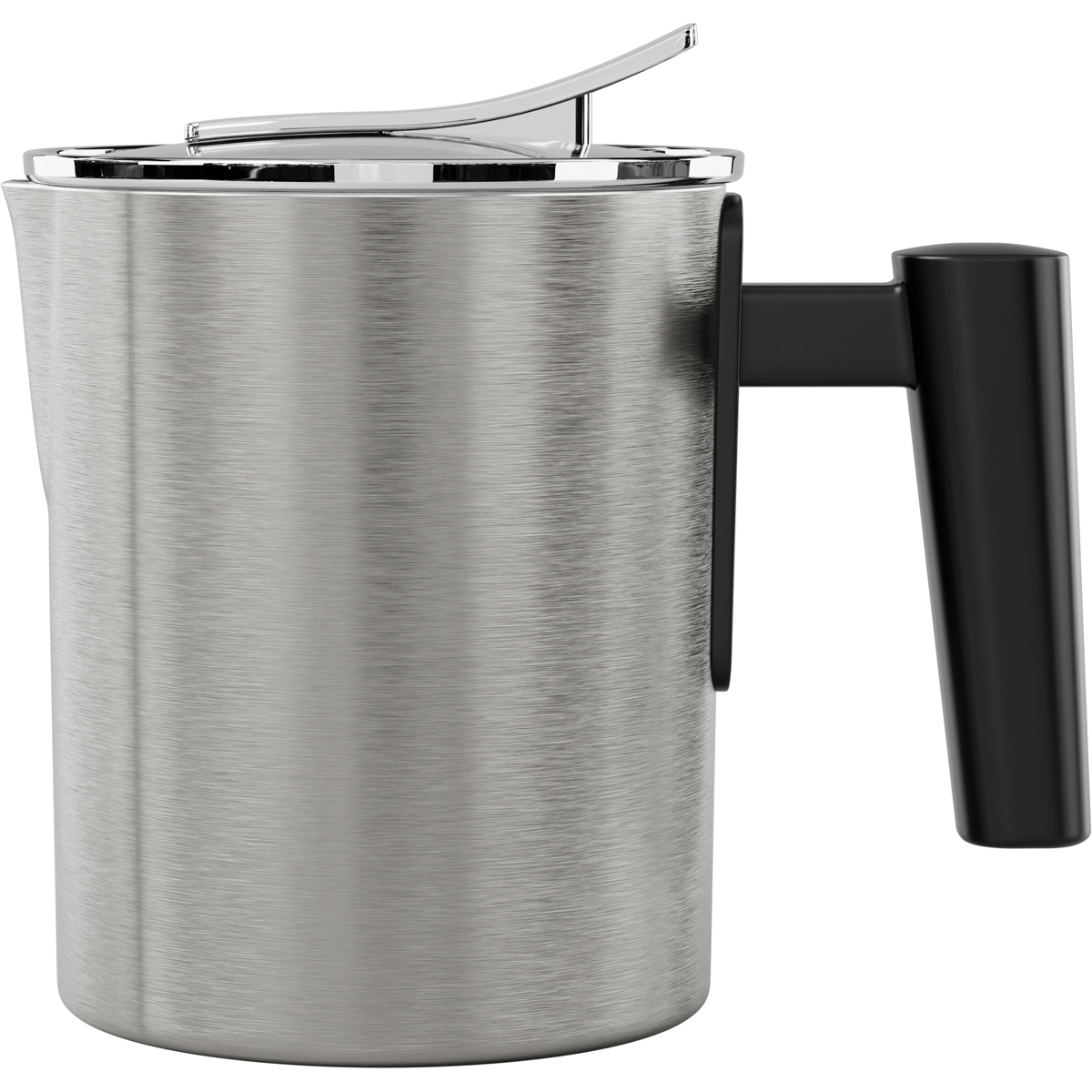 Ein Krug aus gebürstetem Metall mit schwarzem Griff und Chromdeckel.