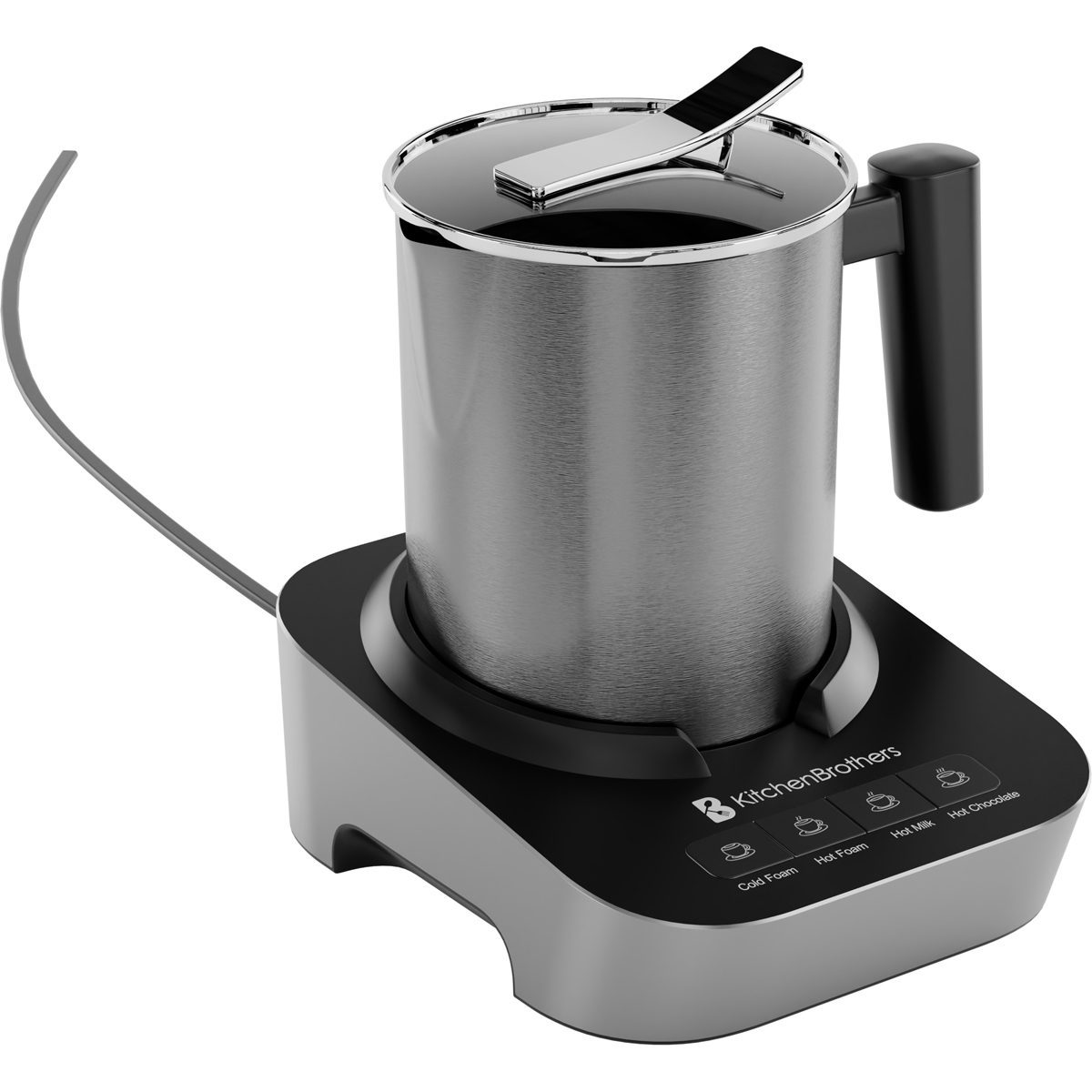Silberner Milchaufschäumer mit schwarzem Sockel und Knöpfen für Kalt-, Warm-, Heißmilch und Kakao.