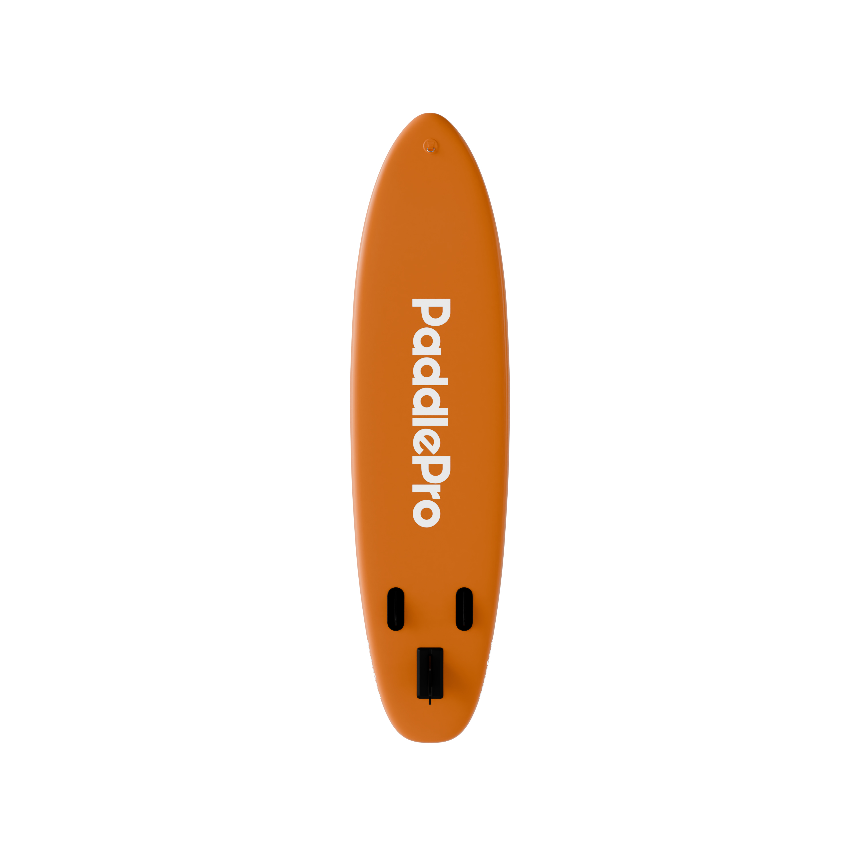 An orange paddleboard with a white 'PaddlePro' logo and black fins.