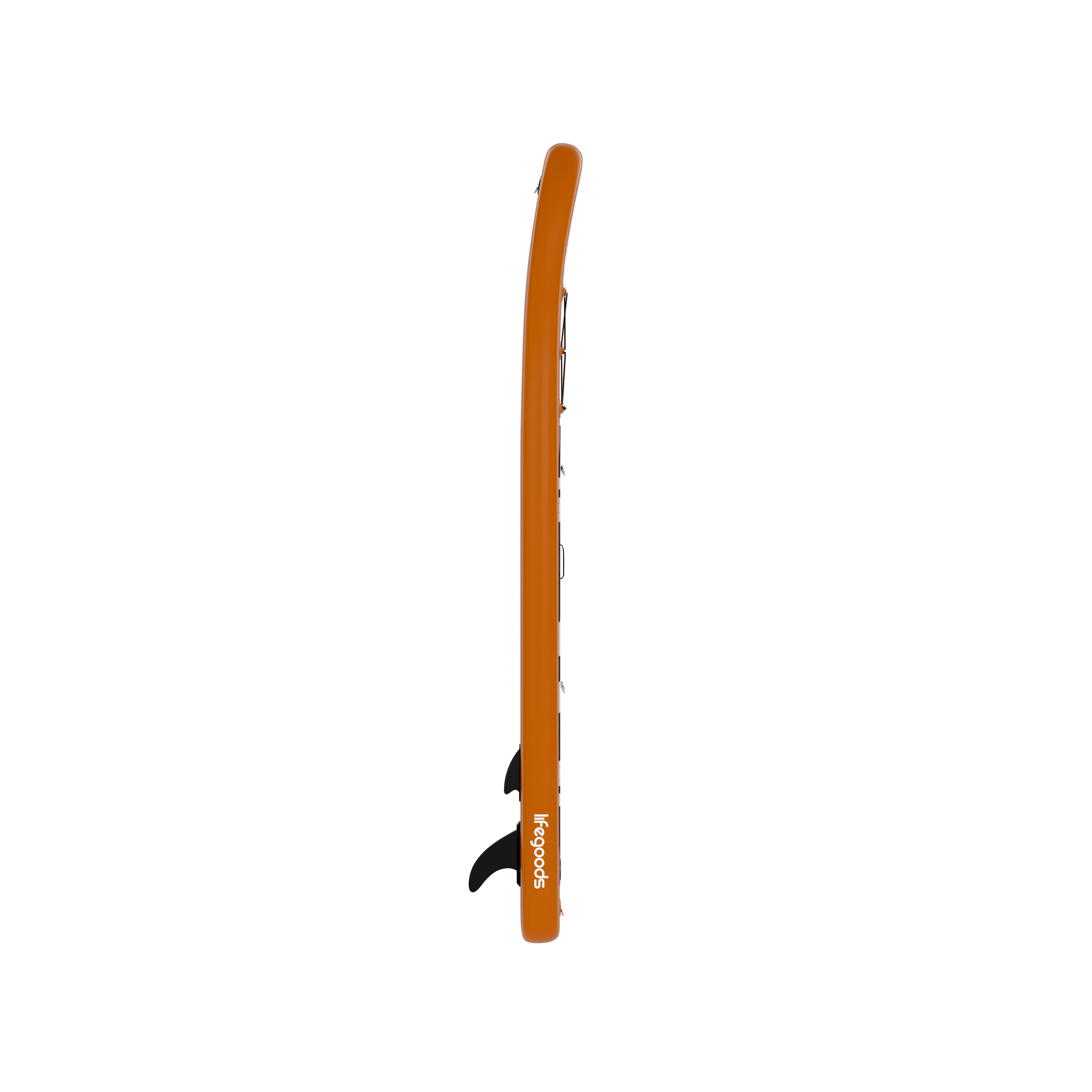 An orange surfboard with a black fin and logo on a white background.