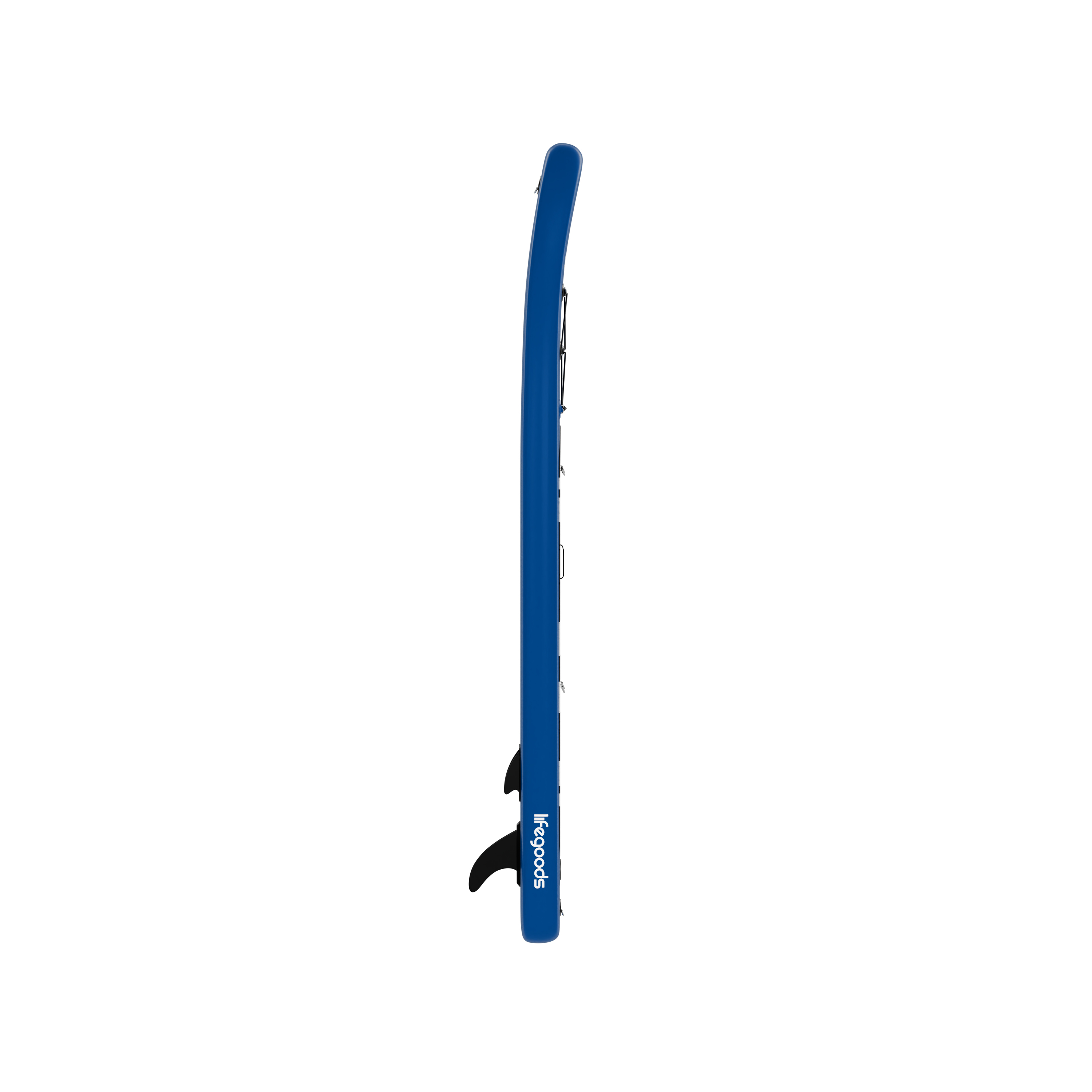 Een blauw paddleboard met zwarte vin op witte achtergrond.