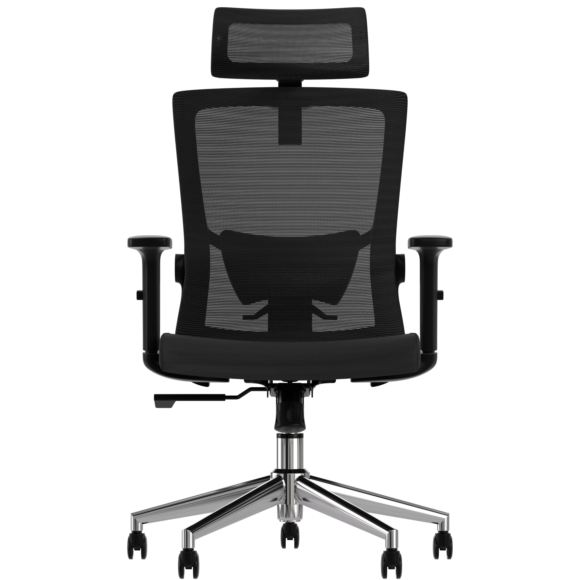 A black office chair with a mesh backrest and headrest, on a metal base with wheels.