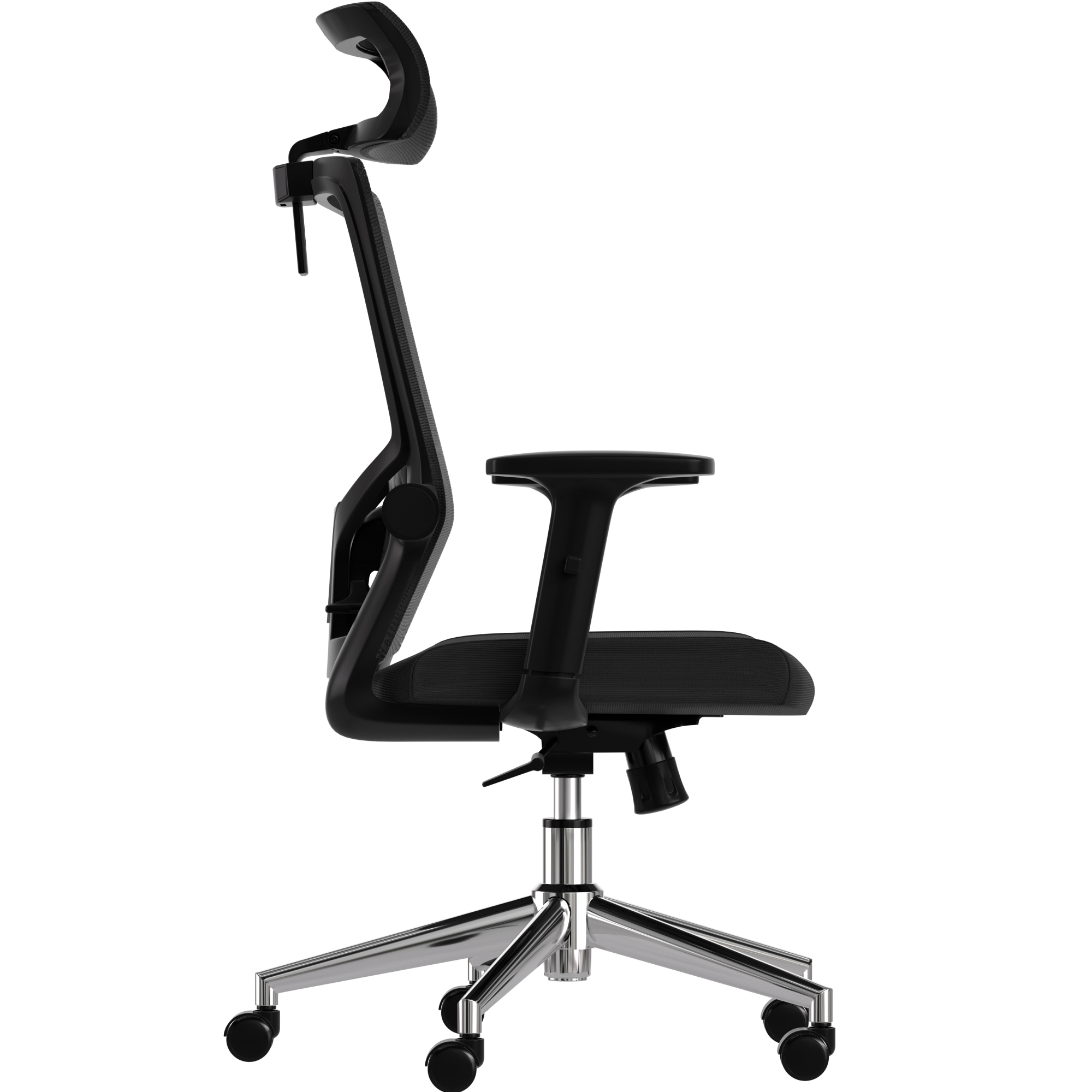 Black office chair with mesh back, adjustable arms, and chrome base with wheels.