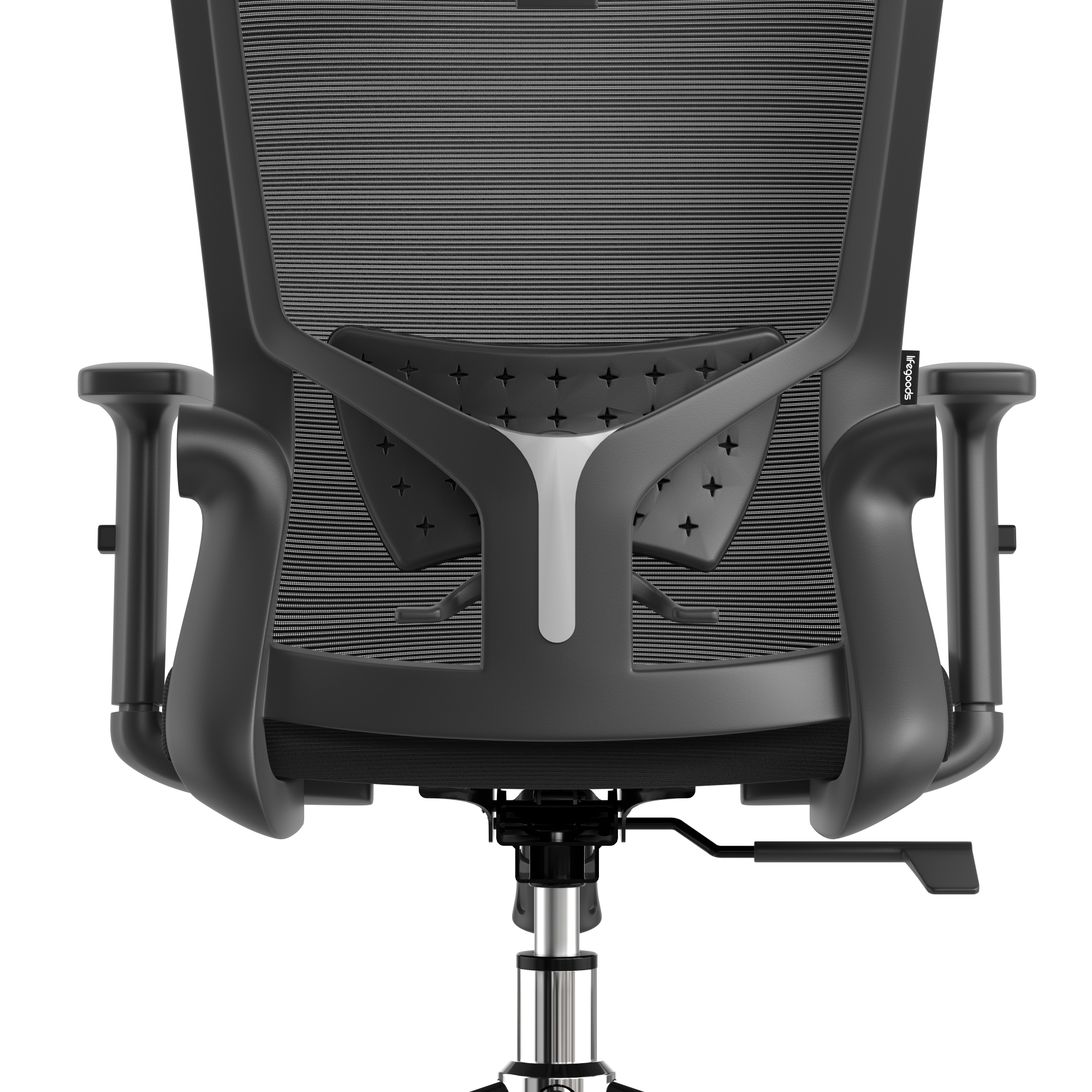 Back view of a black office chair with mesh backrest and armrests.