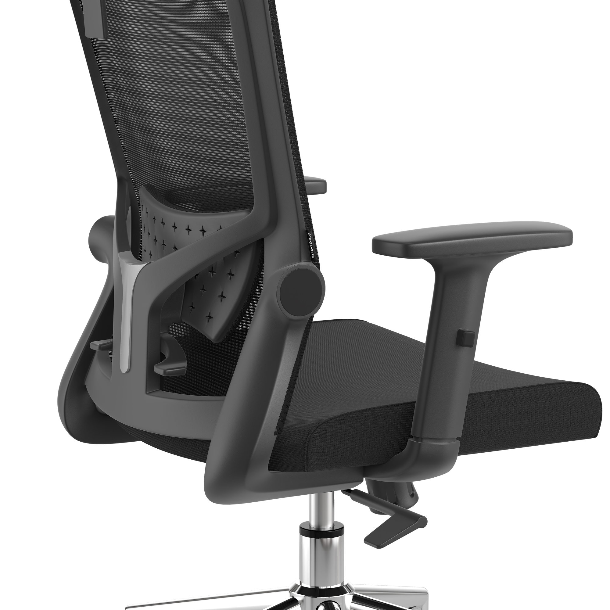 Black office chair with mesh back and adjustable arms on a white background.