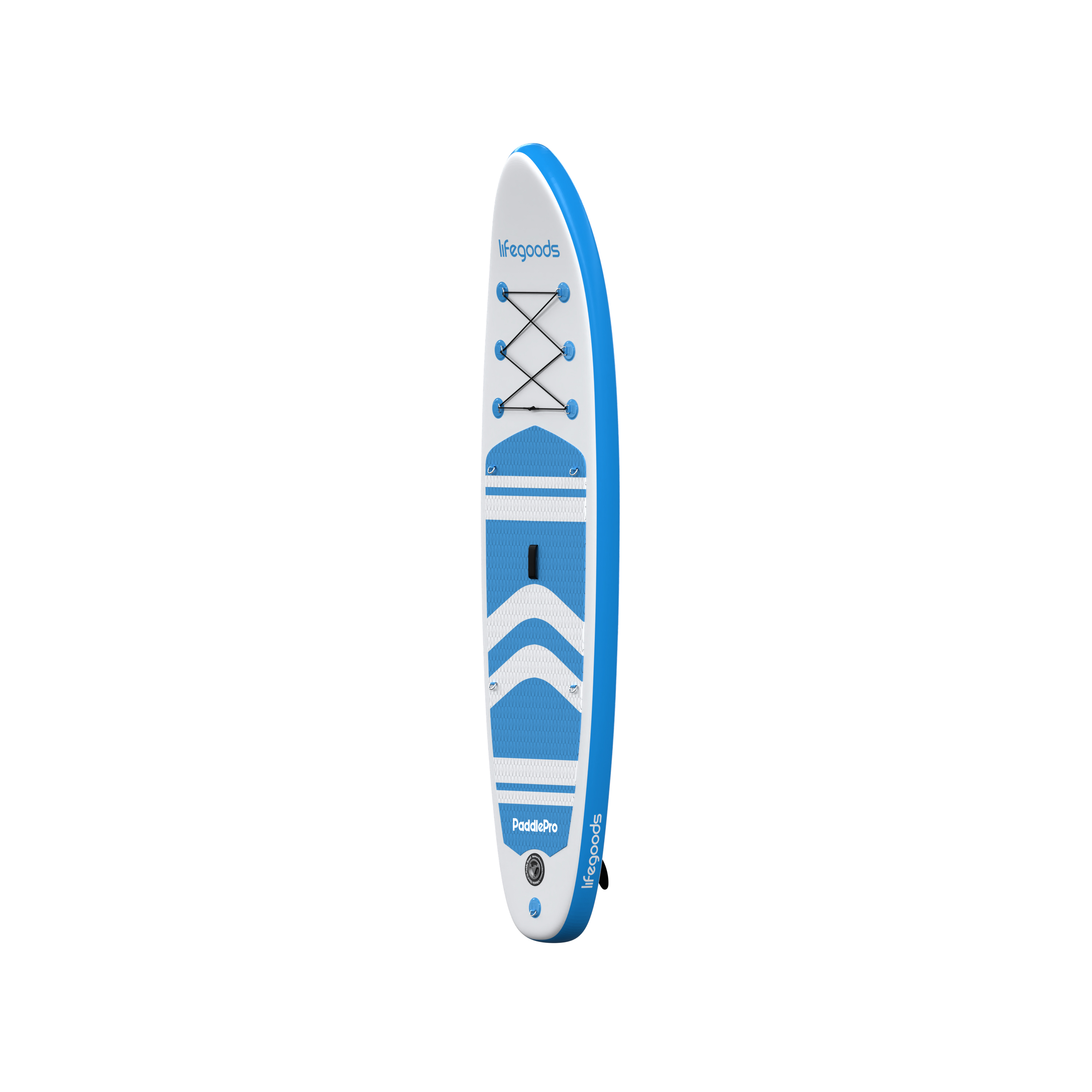 Een blauw-wit paddleboard met elastische koorden en handvat.