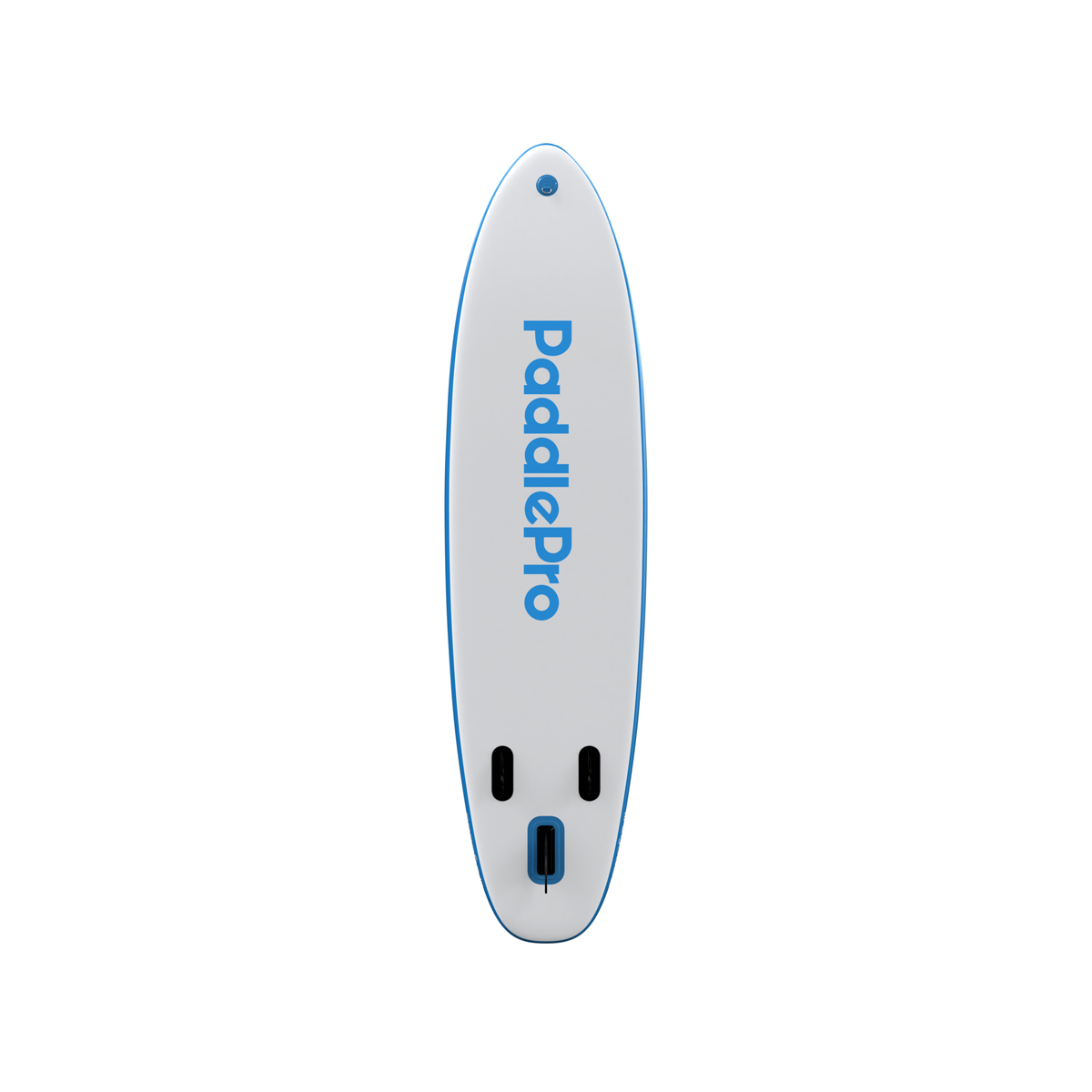 Een wit paddleboard met blauwe rand en "PaddlePro" logo.