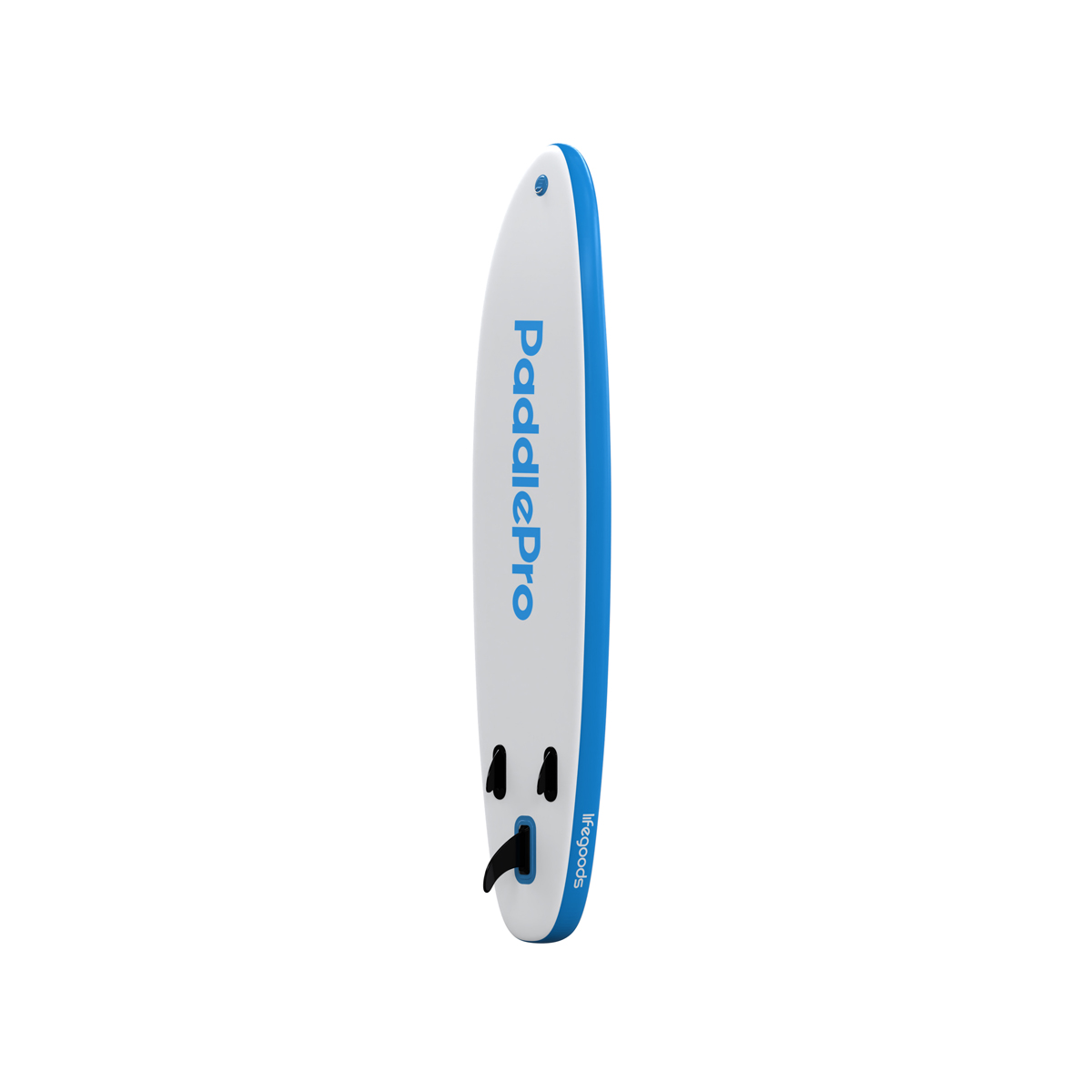 Een wit paddleboard met blauwe rand en zwarte vin.