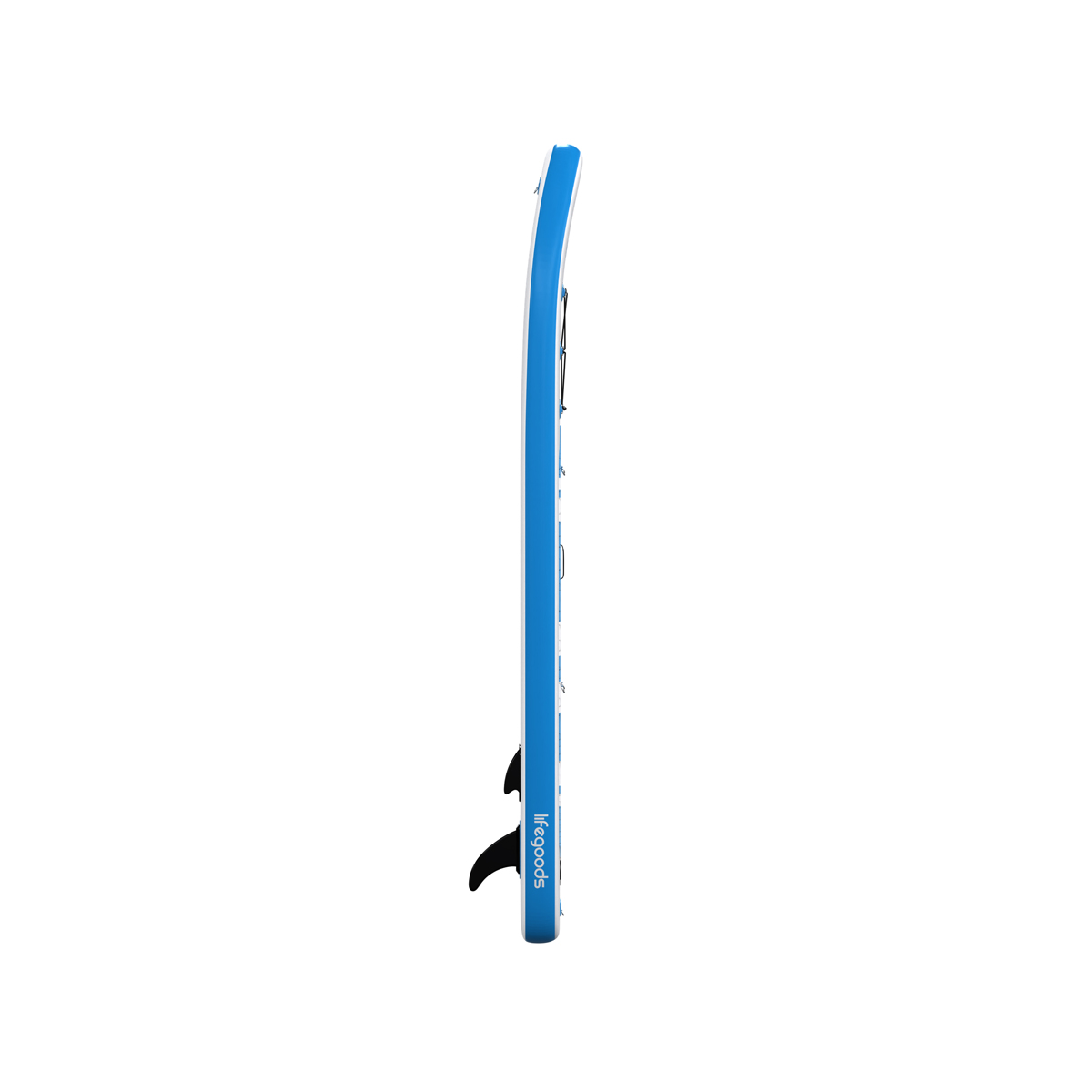 Een blauw stand-up paddleboard in profiel met zwarte vinnen en touwen.