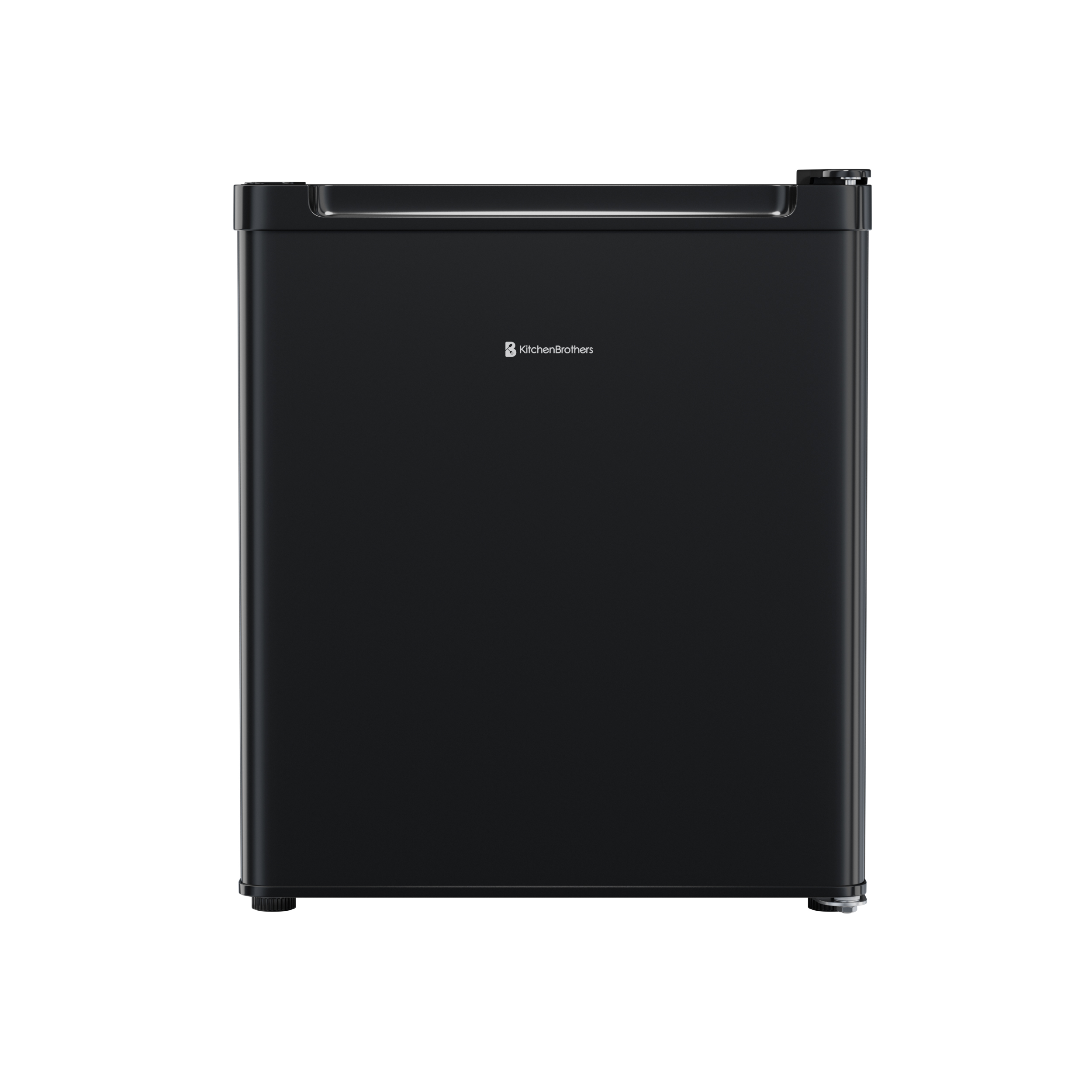 Een zwarte mini koelkast met het KitchenBrothers logo.