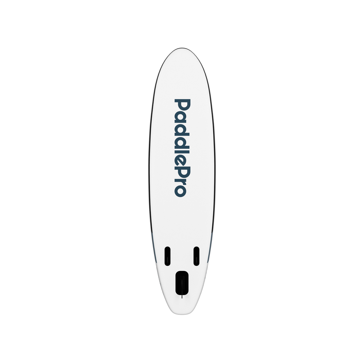 Ein weißes Paddleboard mit dunkelblauem Schriftzug 'PaddlePro'.