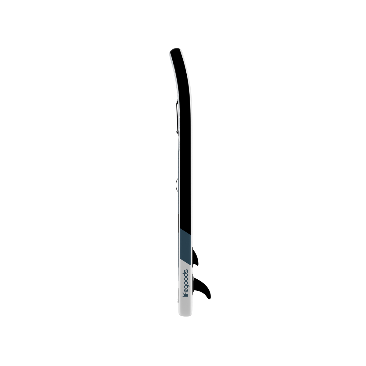 Ein weißes Paddleboard mit schwarzen und blauen Akzenten und zwei Flossen.