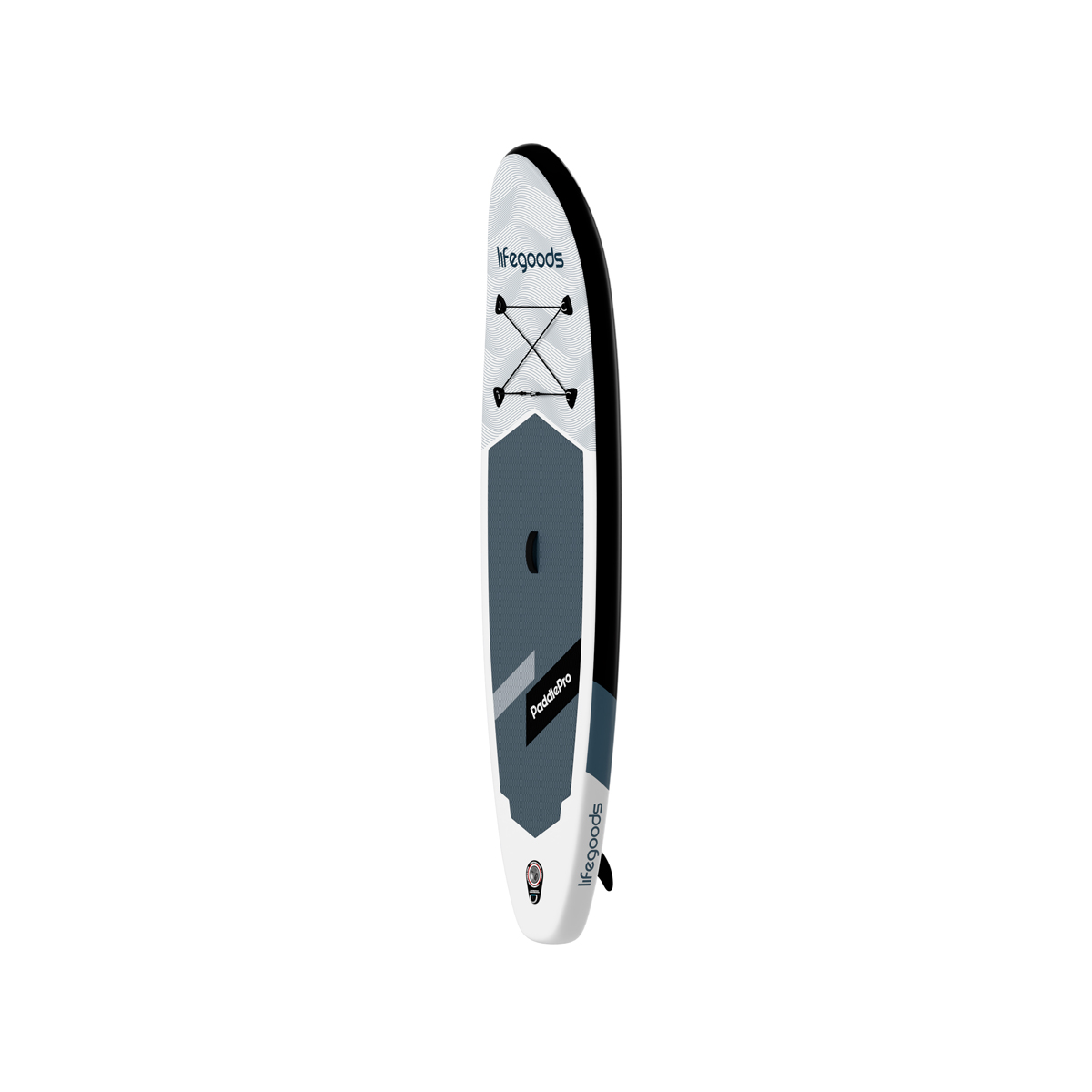 Ein weißes Stand-Up-Paddleboard mit grauen und schwarzen Akzenten, vor weißem Hintergrund.