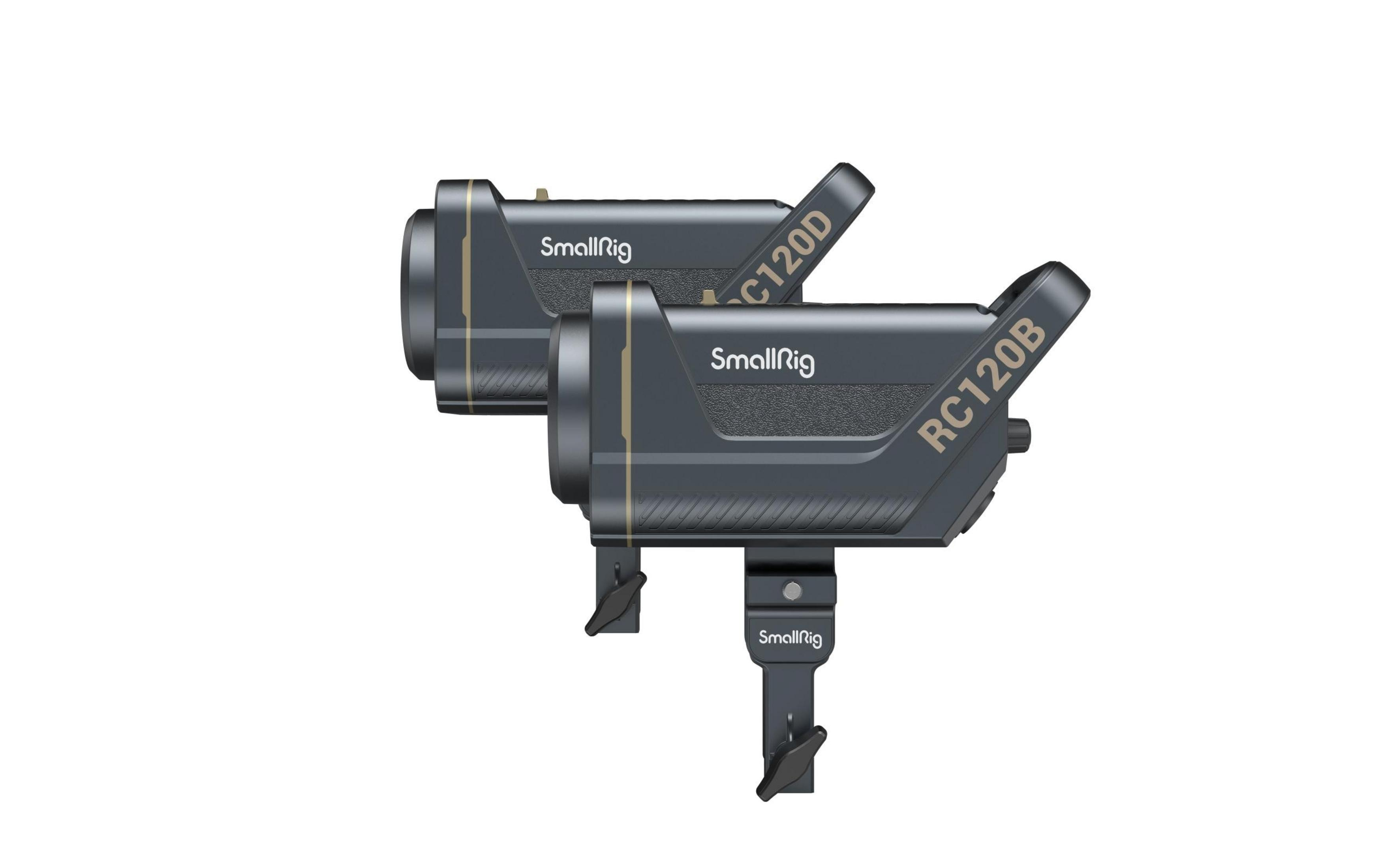 Zwei dunkelgraue SmallRig RC120D und RC120B LED-Leuchten mit Goldakzenten und Ständern.