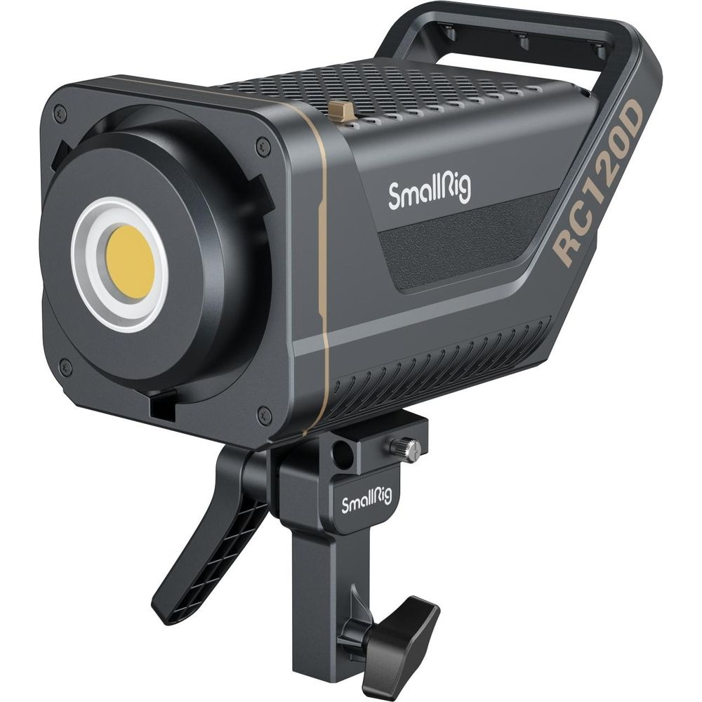 Ein schwarzer SmallRig RC120D LED-Scheinwerfer mit Halterung, auf weißem Hintergrund.