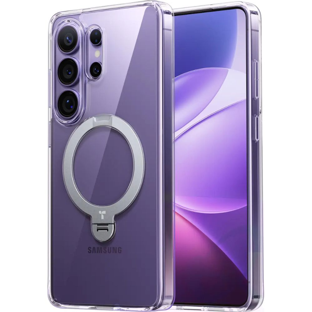 Teléfono Samsung morado en funda transparente con soporte de anillo.