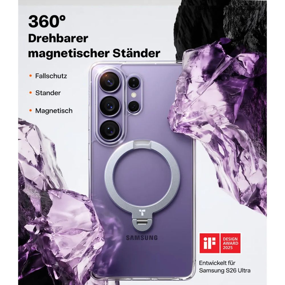 Samsung S26 Ultra morado con soporte magnético giratorio 360° y premio if Design.