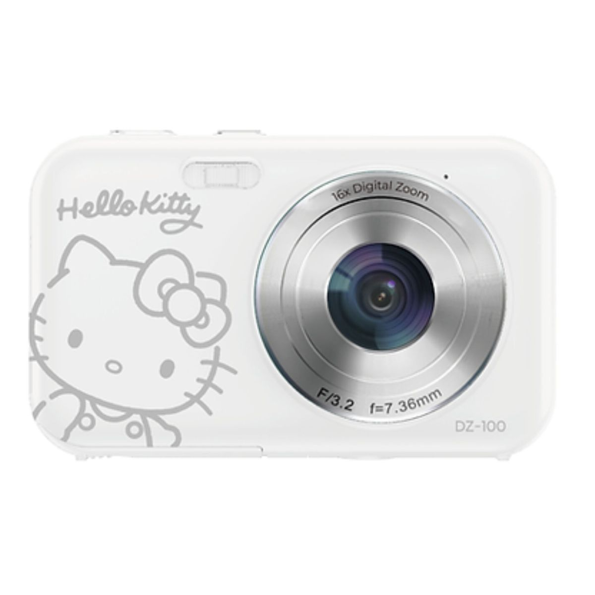 Fotocamera digitale bianca con grafica Hello Kitty e zoom digitale 16x.