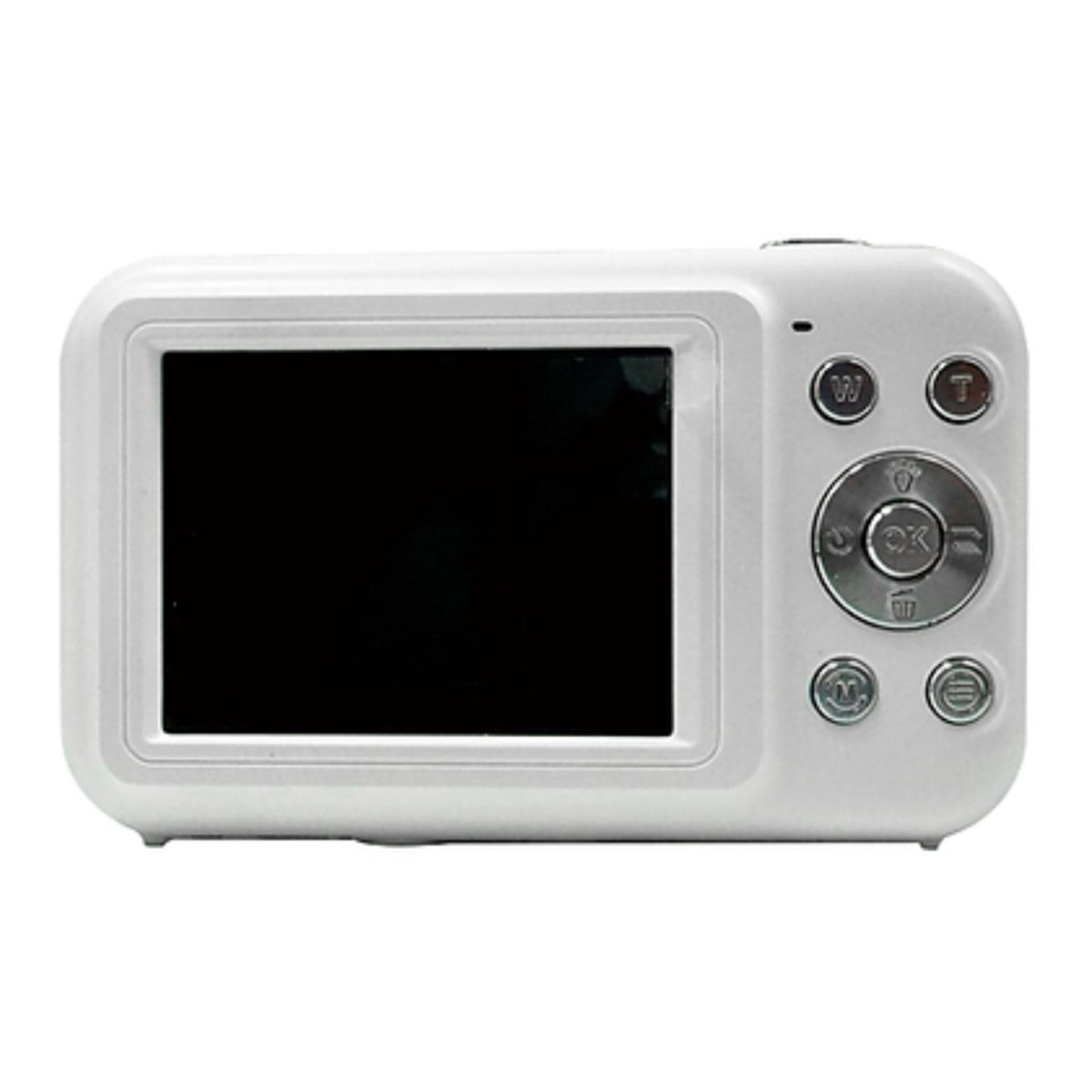 Fotocamera digitale bianca con schermo e controlli sul lato destro.