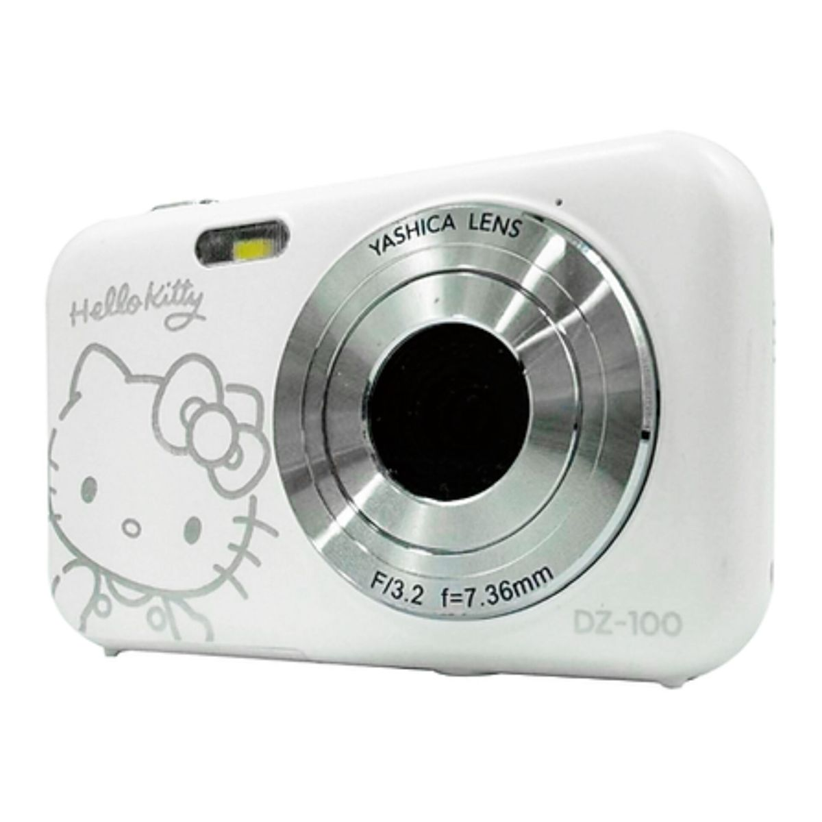 Fotocamera digitale bianca Hello Kitty con obiettivo Yashica, F/3.2 f=7.36mm, DZ-100.
