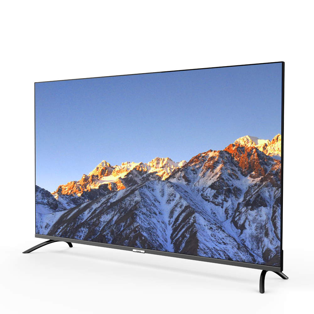Modern flat screen TV displaying snowy mountains at sunrise with clear blue sky.