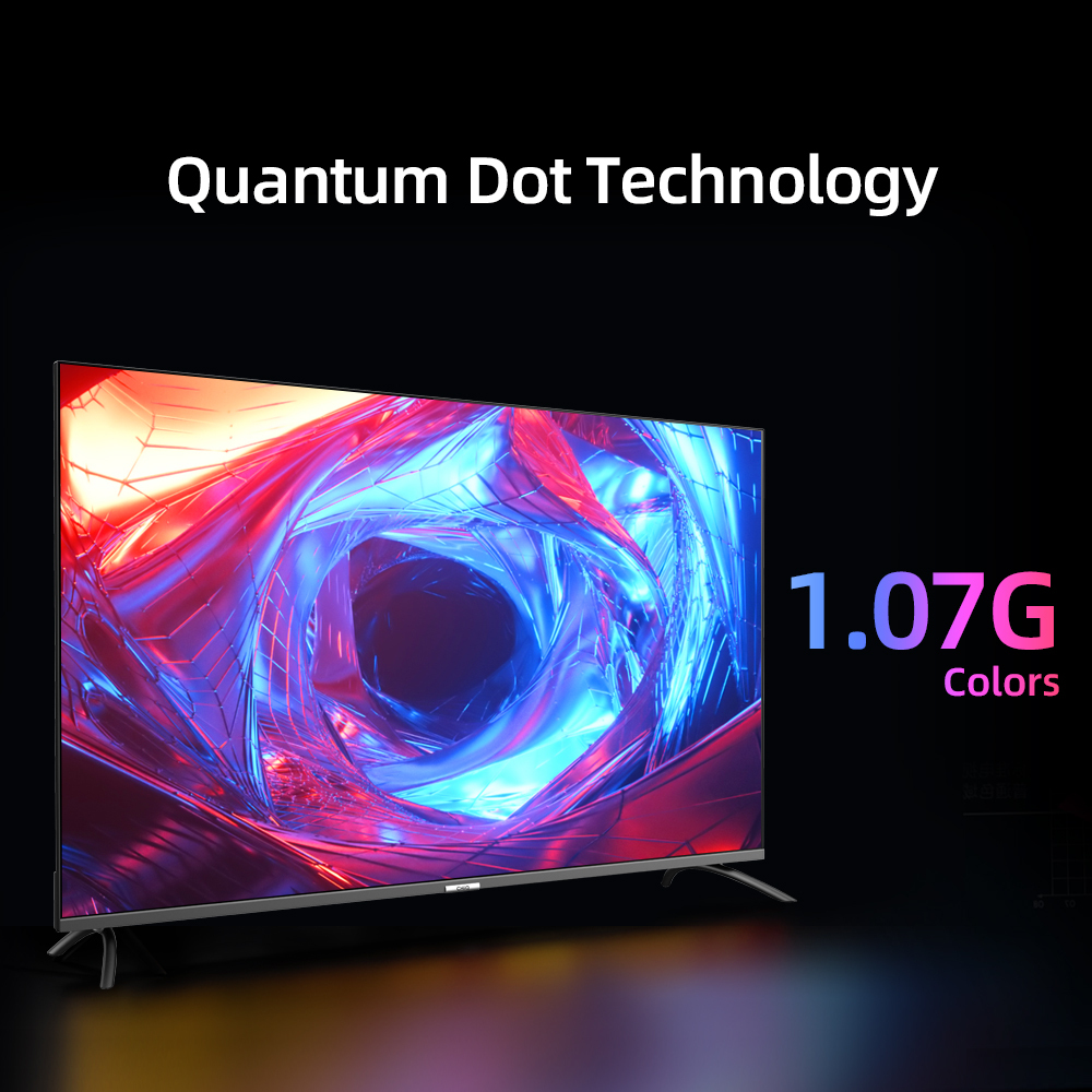A modern TV displaying vibrant colors, with text "Quantum Dot Technology".