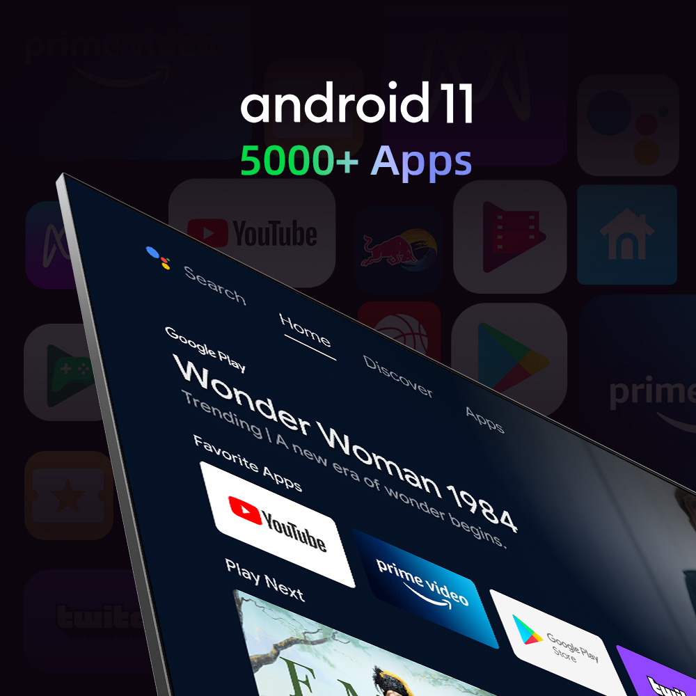 Android 11 TV interface showing 'Wonder Woman 1984' and app icons.