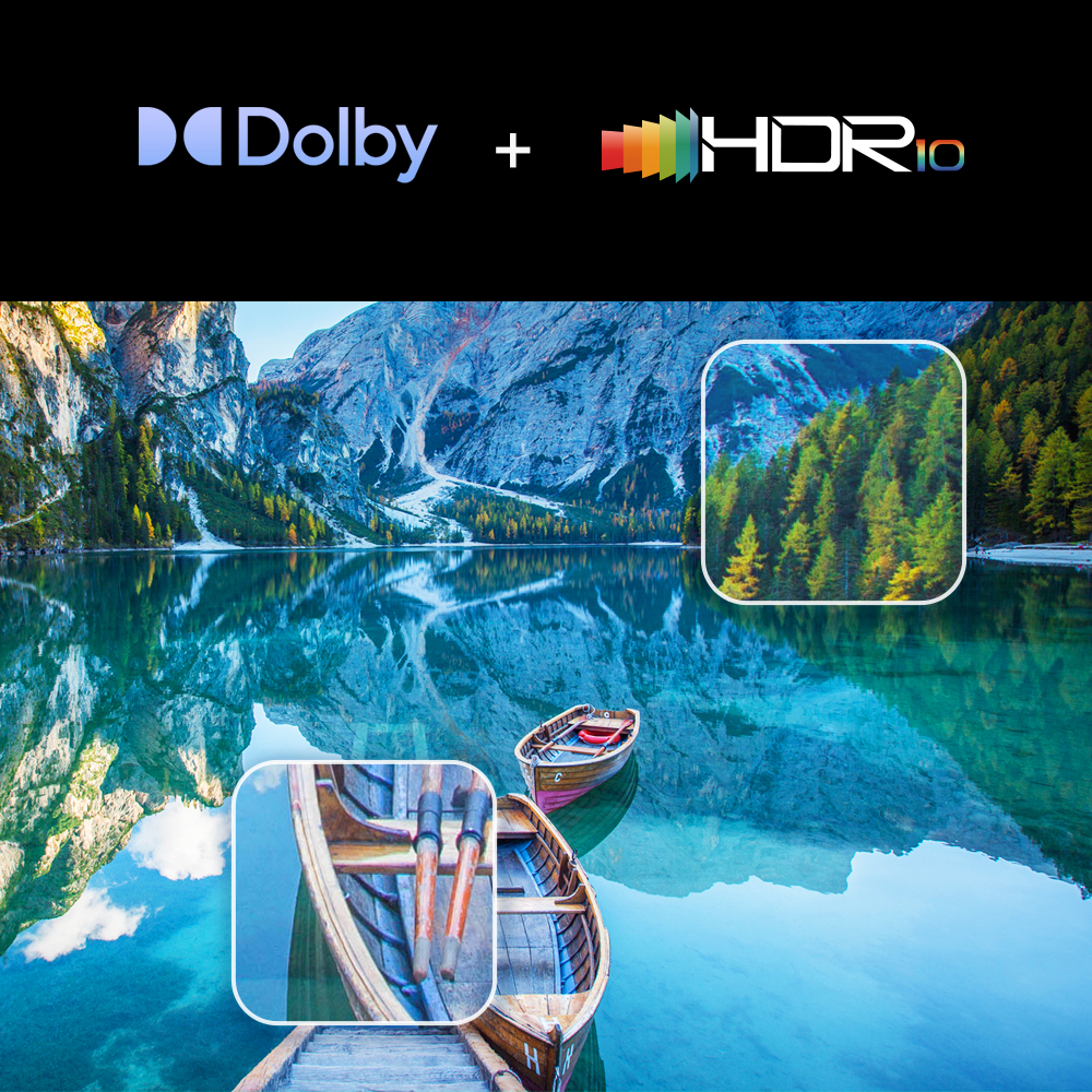 Boats on a mountain lake, mountains reflecting in the water. Dolby and HDR10 logos.