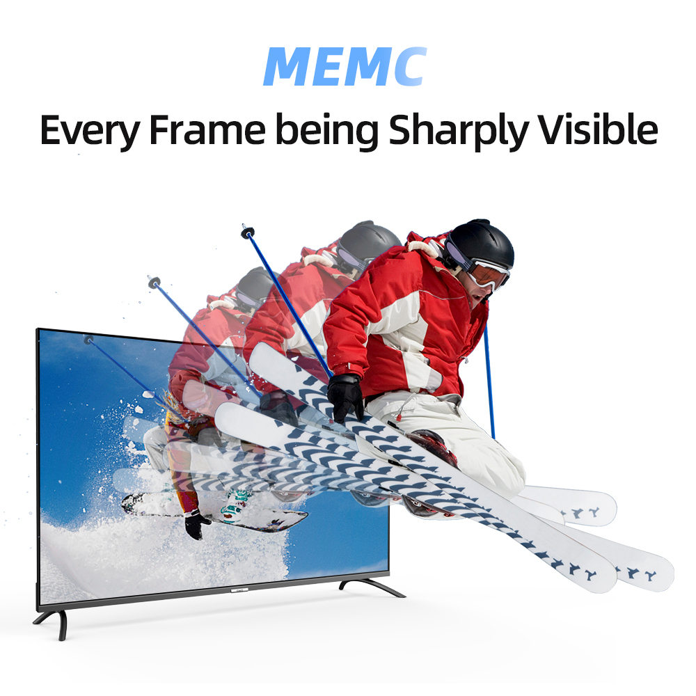 A skier in a red jacket jumps in front of a TV with MEMC text.