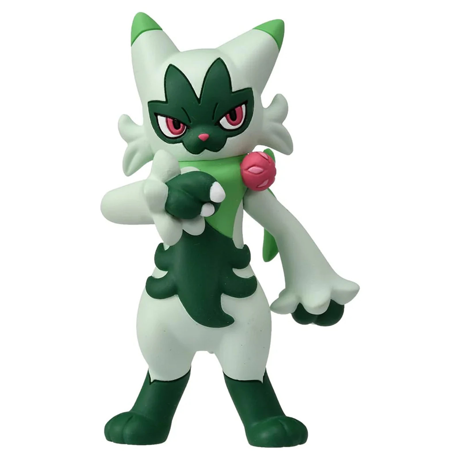 Eine grüne und weiße Katze-Figur mit roten Augen und einer roten Rose.