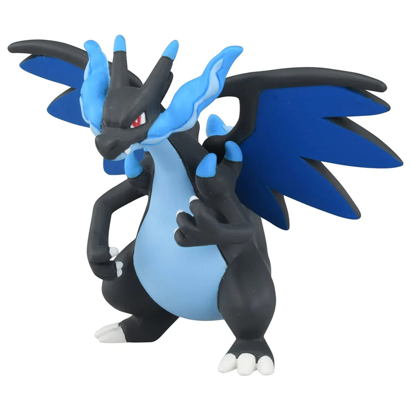 Ein schwarzer Drache mit blauen Flügeln und blauen Flammen im Kopfbereich.