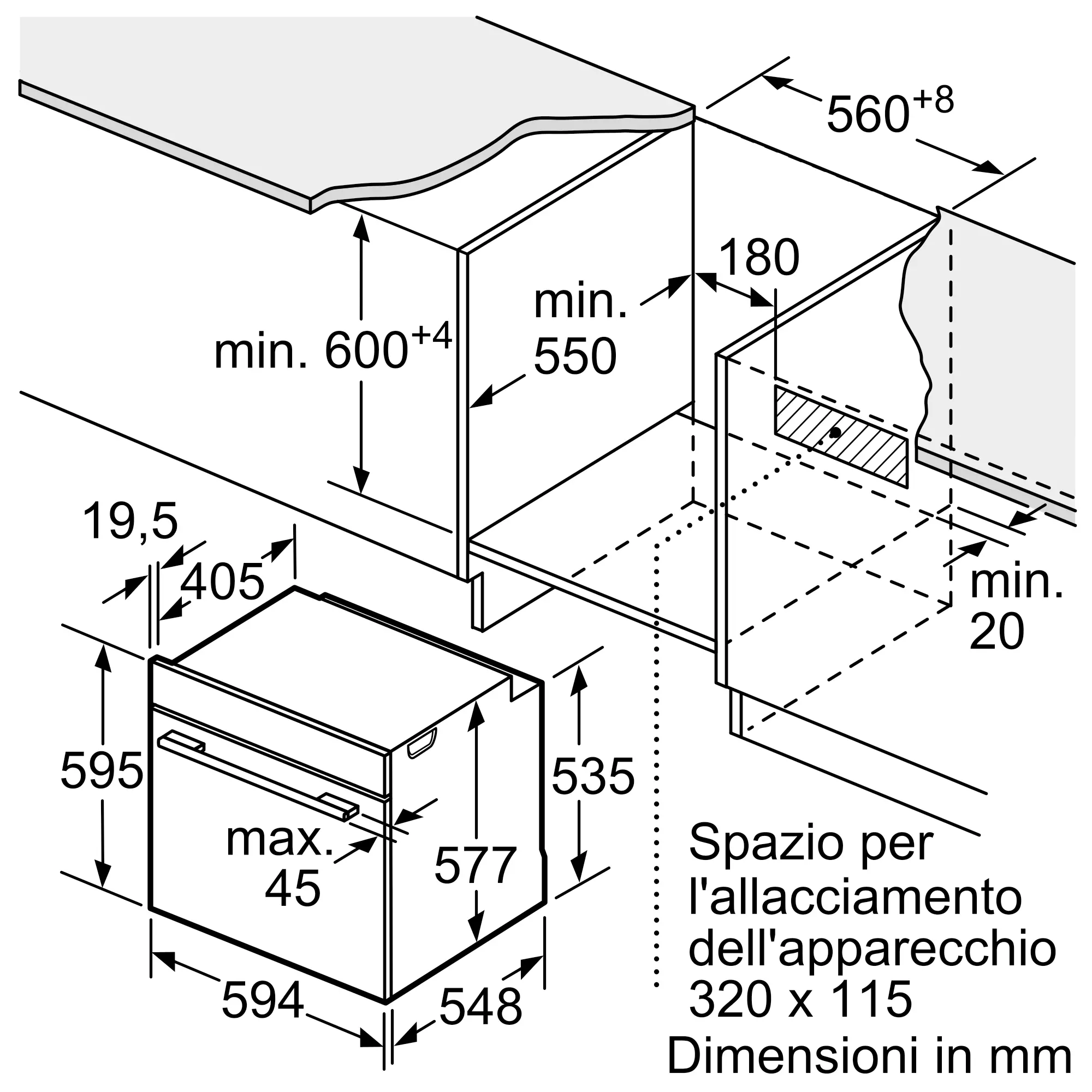 Disegno di installazione di un apparecchio con dimensioni in mm, altezza min. 600+4.